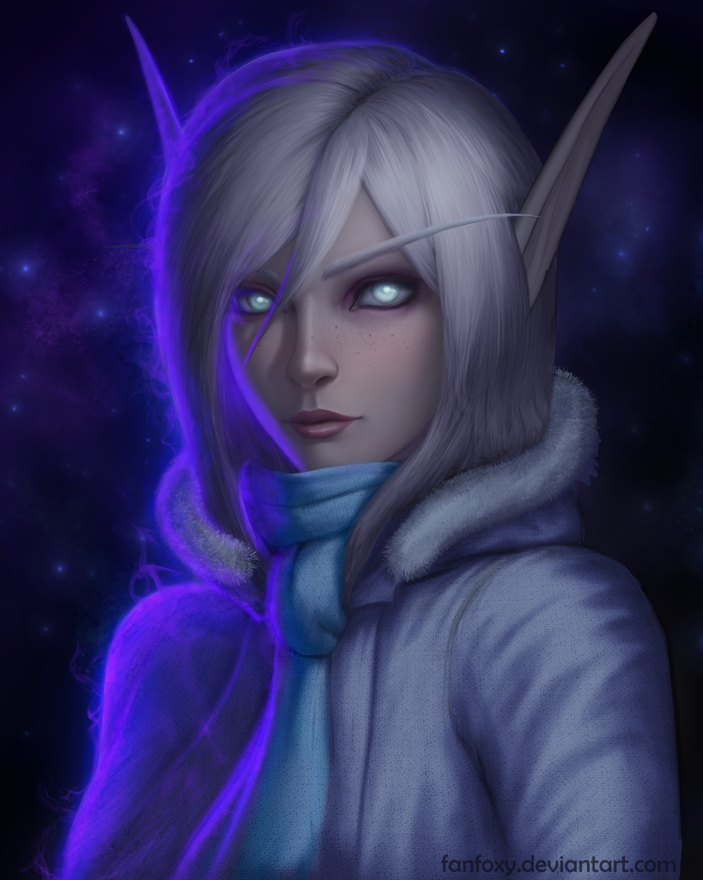 Fanfoxy Drawing Women Elves Silver Hair Glowing Eyes Freckles Looking At Viewer Scarf Hoods Stars Po 2885x3607