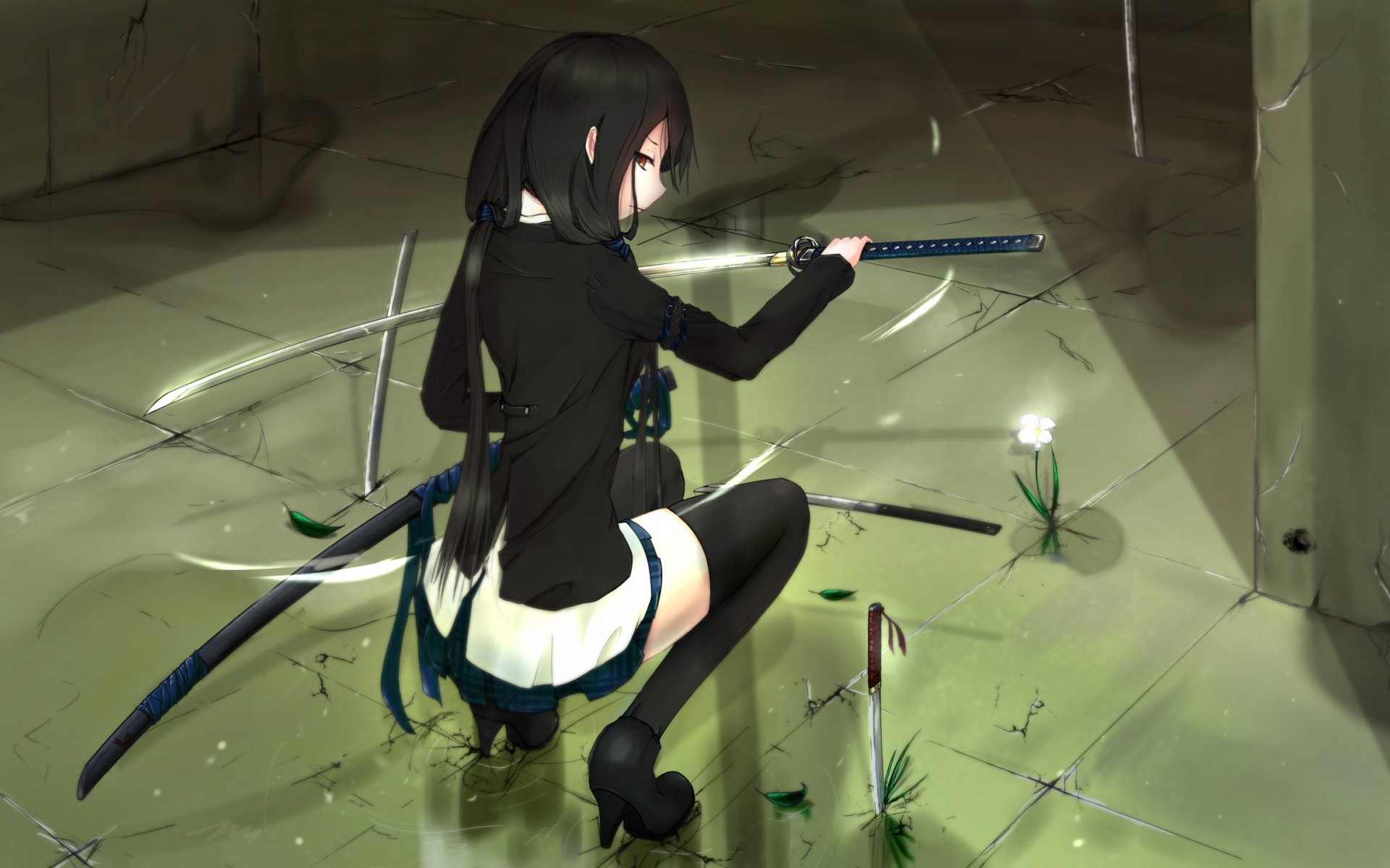 Anime Girls Anime Dark Hair Sword Katana Squatting 1920x1200