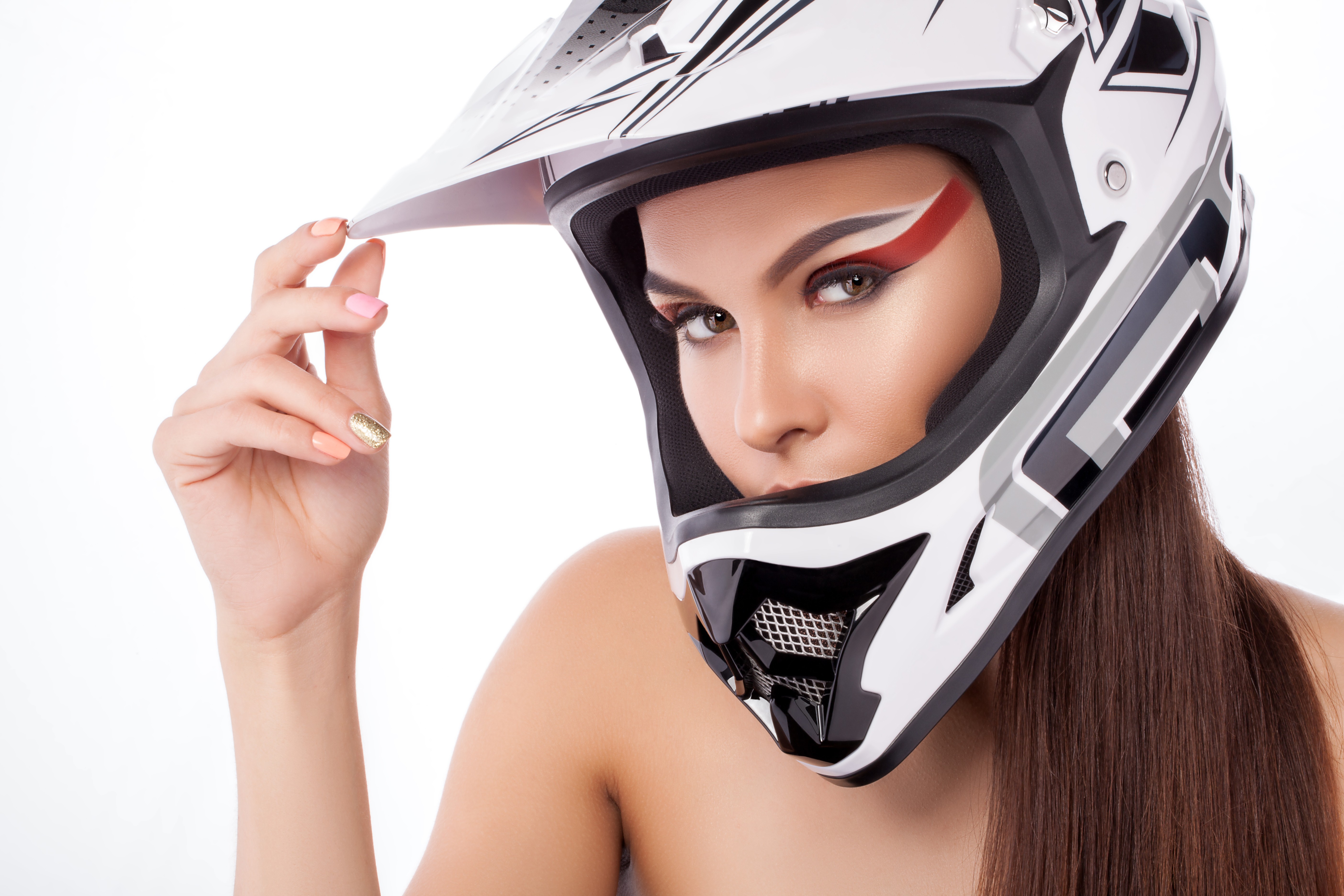 Helmet People Face Eyeshadow Brunette Covered Face Painted Nails Looking At Viewer Makeup 5616x3744