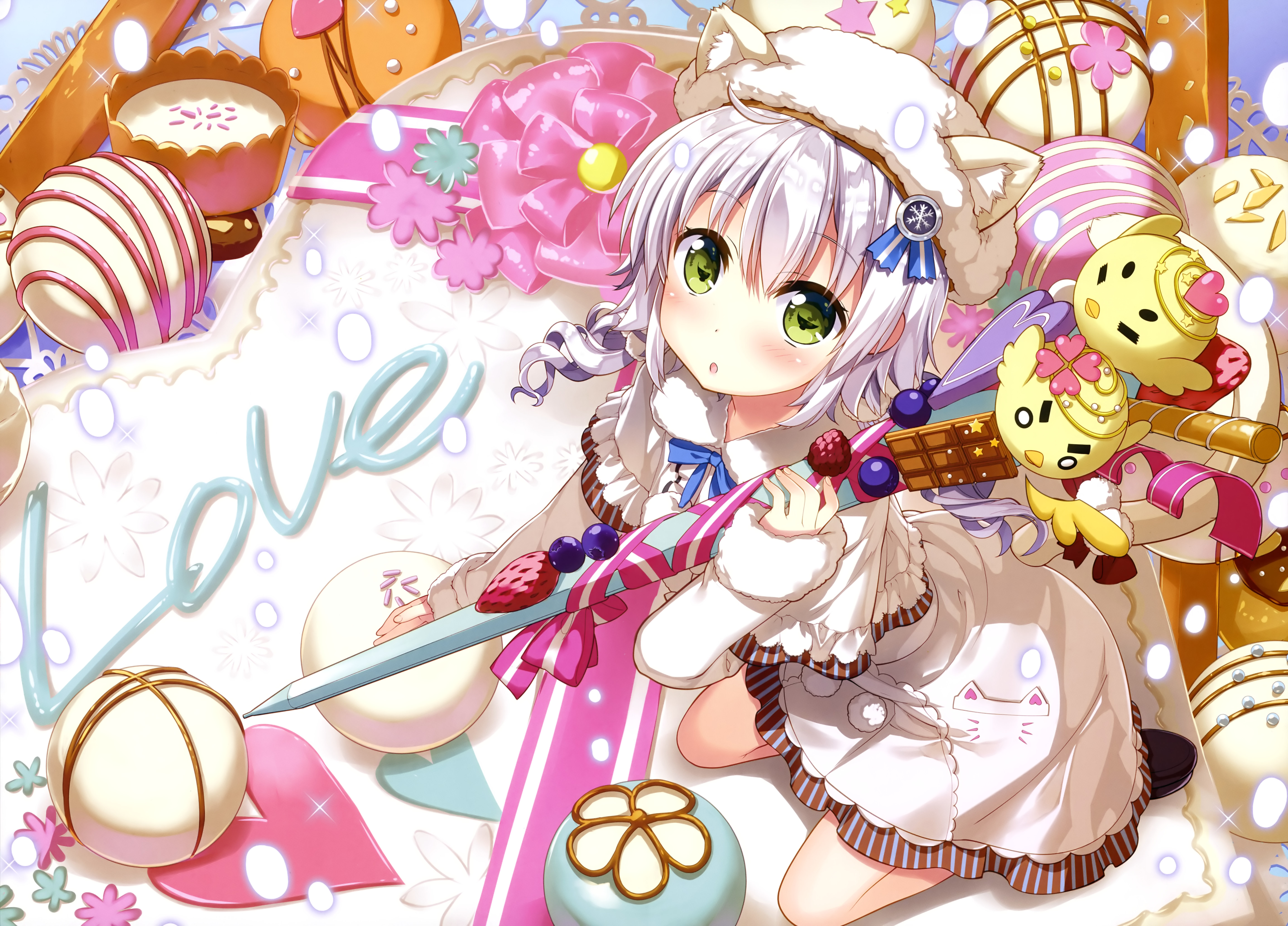 Anime Anime Girls Minigirl Short Hair White Hair Green Eyes Looking At Viewer Sweets Cake Animal Ear 5688x4091