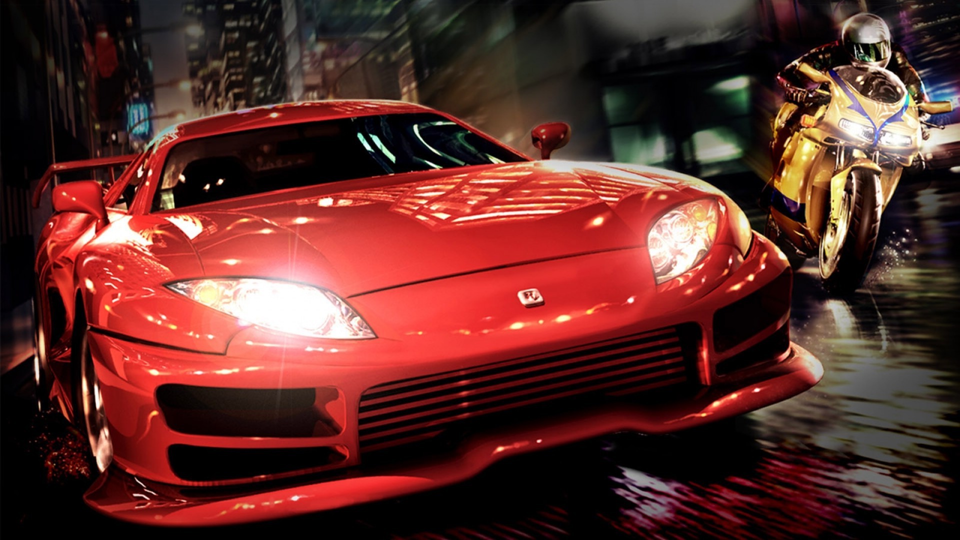 Red City Night Bikes Toyota Supra Car Video Games Red Cars Motorcycle Vehicle Midnight Club 2 1920x1080