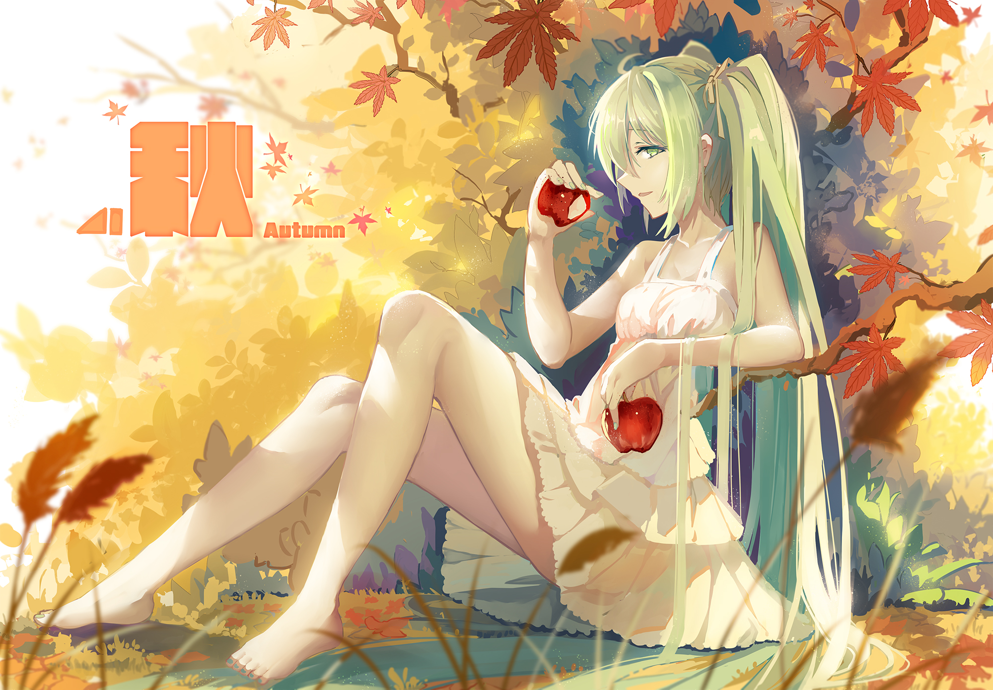 Hatsune Miku Dress Anime Girl White Dress Sitting Barefoot 2000x1389