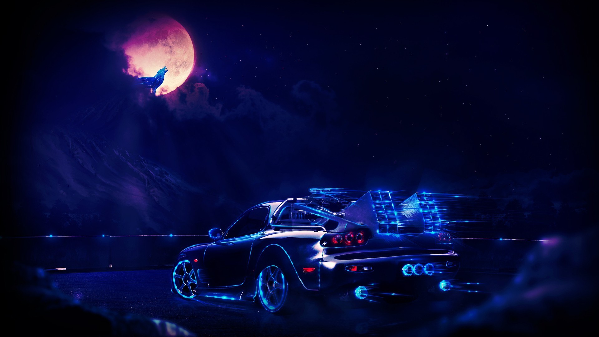 Car Neon Moon Wolf Back To The Future Digital Art Vehicle Blue Time Machine 1920x1080