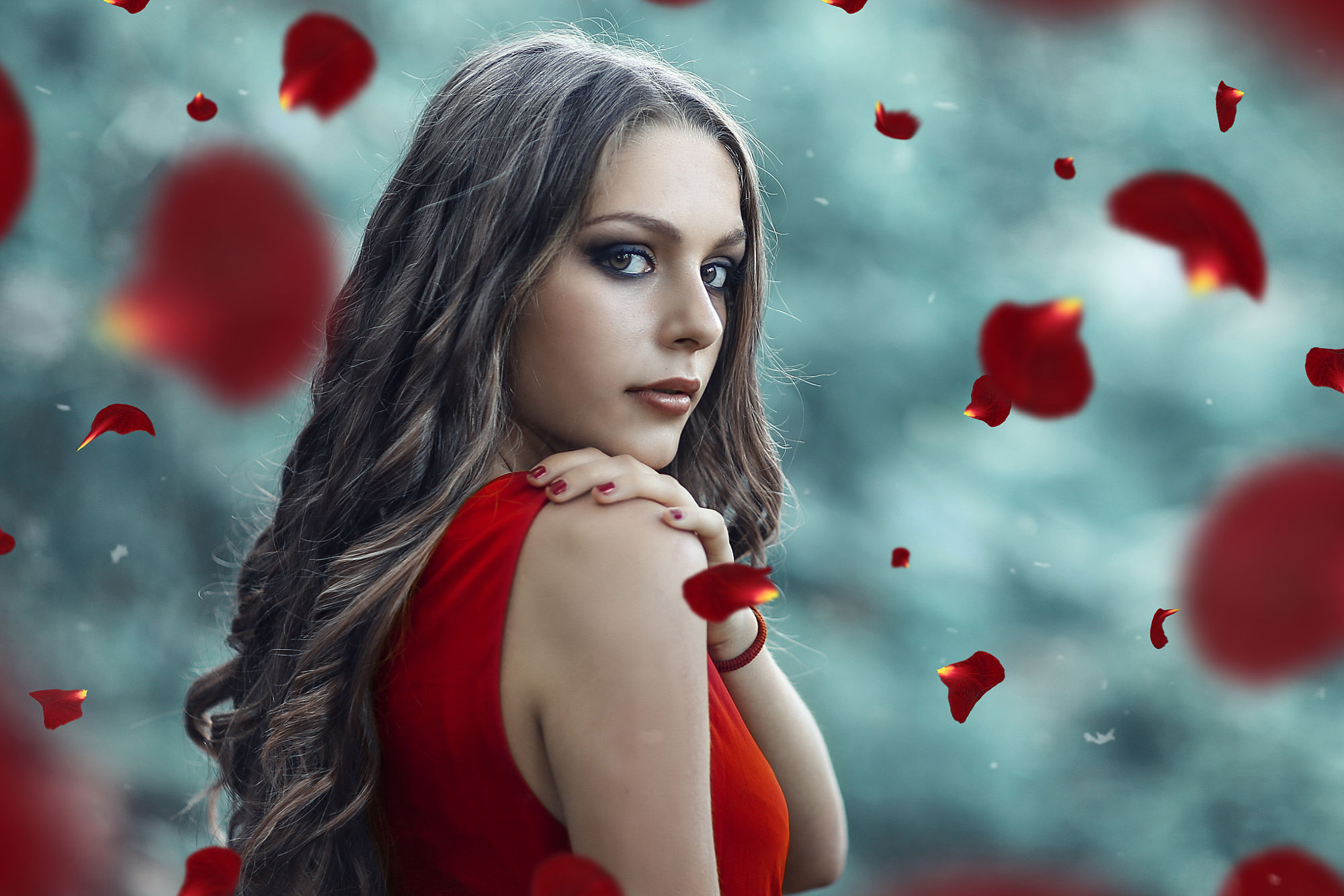 Women Brunette Long Hair Curly Hair Petals Red Clothing Dress Portrait Alessandro Di Cicco Wind 2000x1333