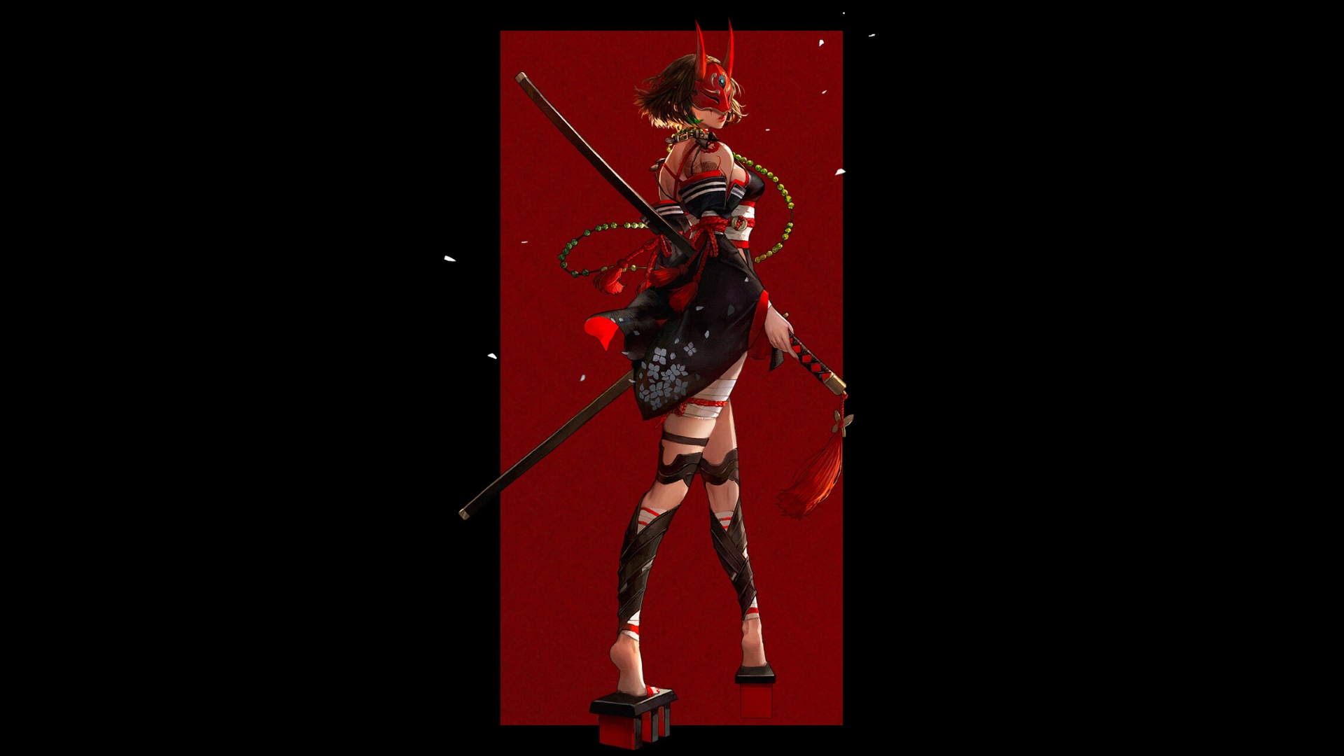 Anime Girls Original Characters Oni Horns Fantasy Girl Women Black Hair Mask Kimono Red Nails Painte 1920x1080