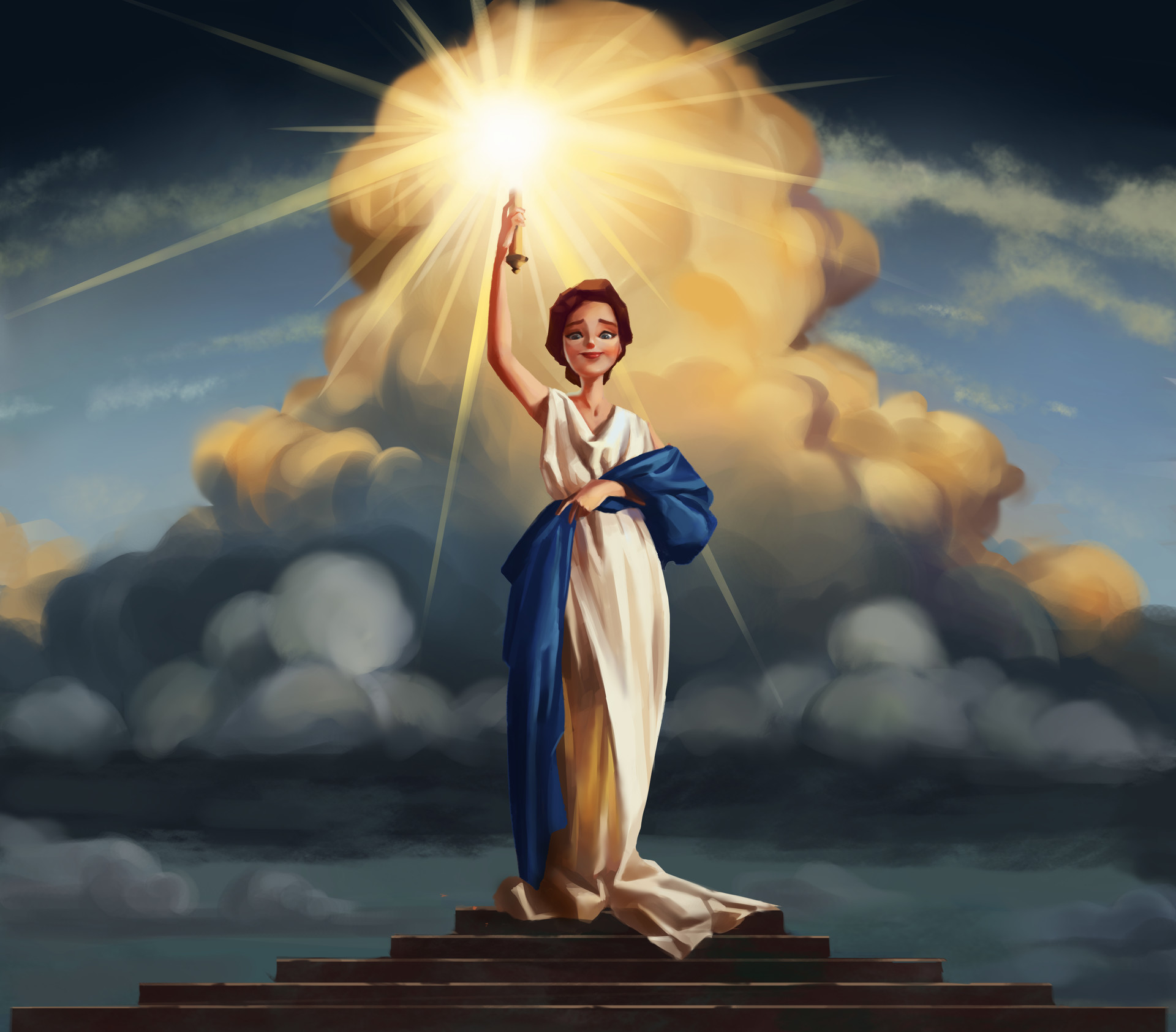 Digital Art Painting Women Brunette Dress Torches Stairs Clouds 1920x1684