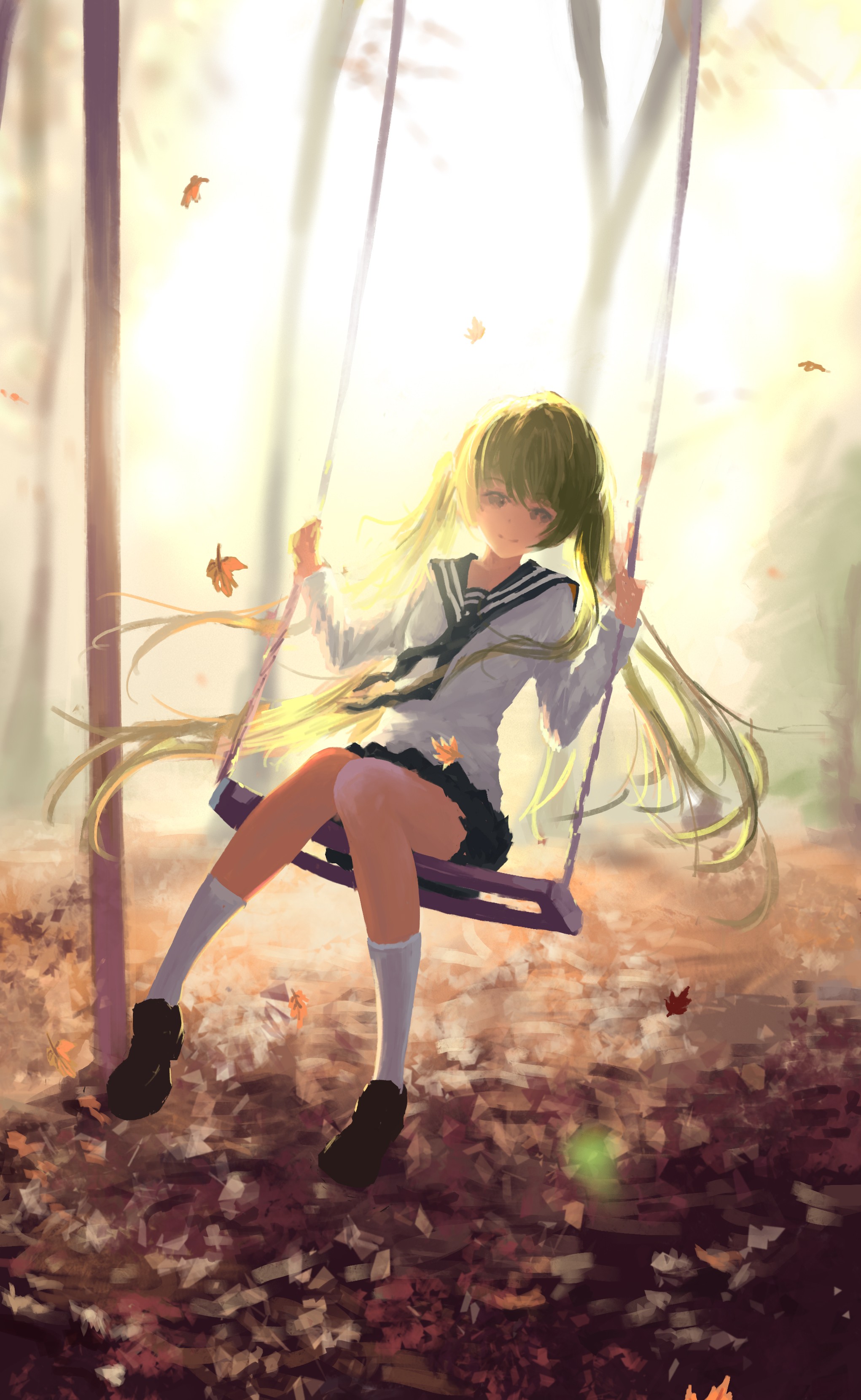 Vocaloid Hatsune Miku Long Hair Twintails School Uniform Skirt Swings Trees Sheet Anime Girls Anime 2042x3321