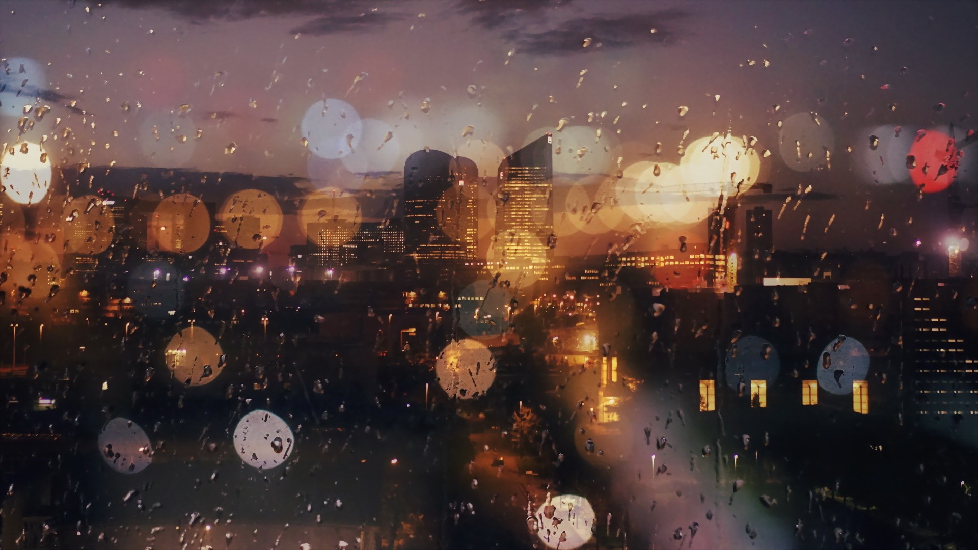 Water Drops Water On Glass City Lights Urban Cityscape 1920x1080
