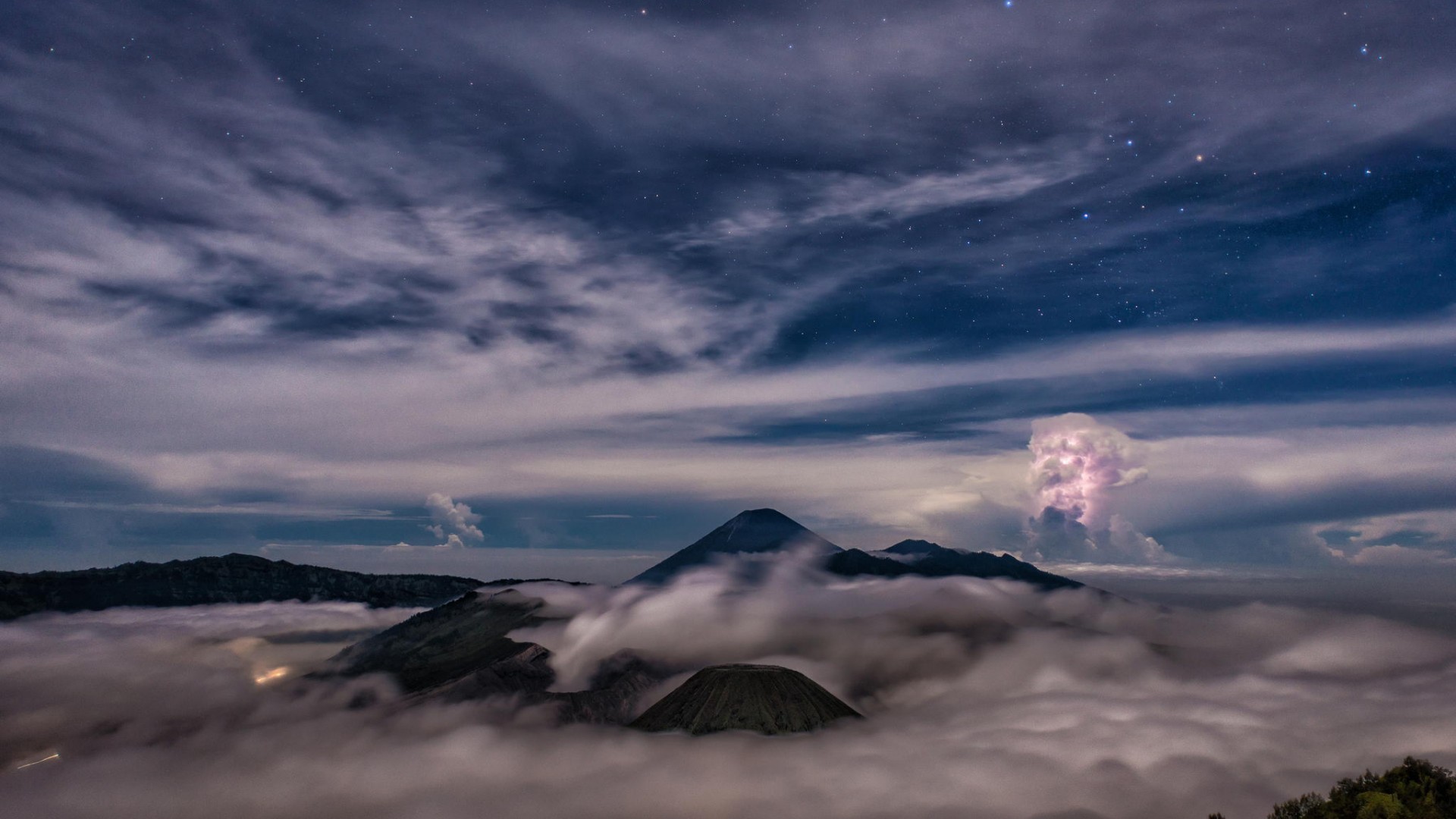 Nature Landscape Mountains Clouds Mist Indonesia Evening Stars Trees Forest Lights Birds Eye View Sm 1920x1080