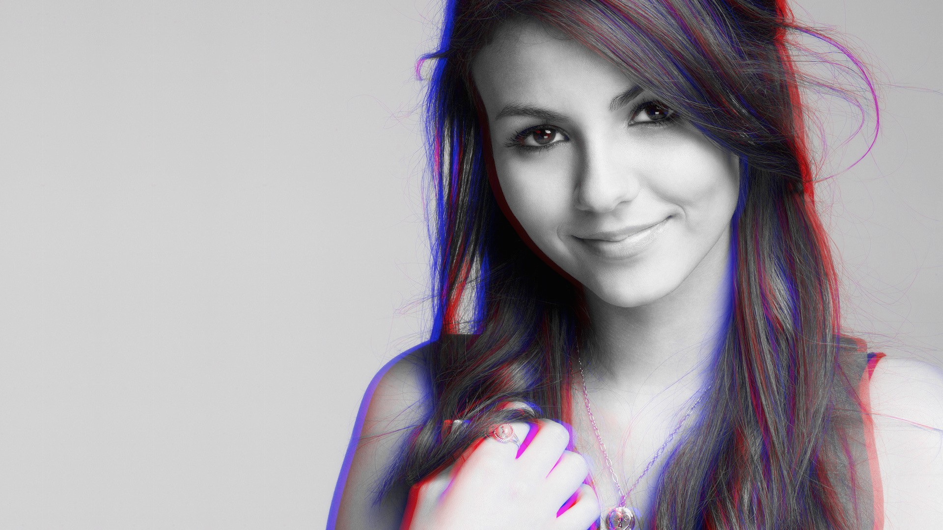 Anaglyph 3D Victoria Justice Women Face Long Hair Looking At Viewer Simple Background 1920x1080