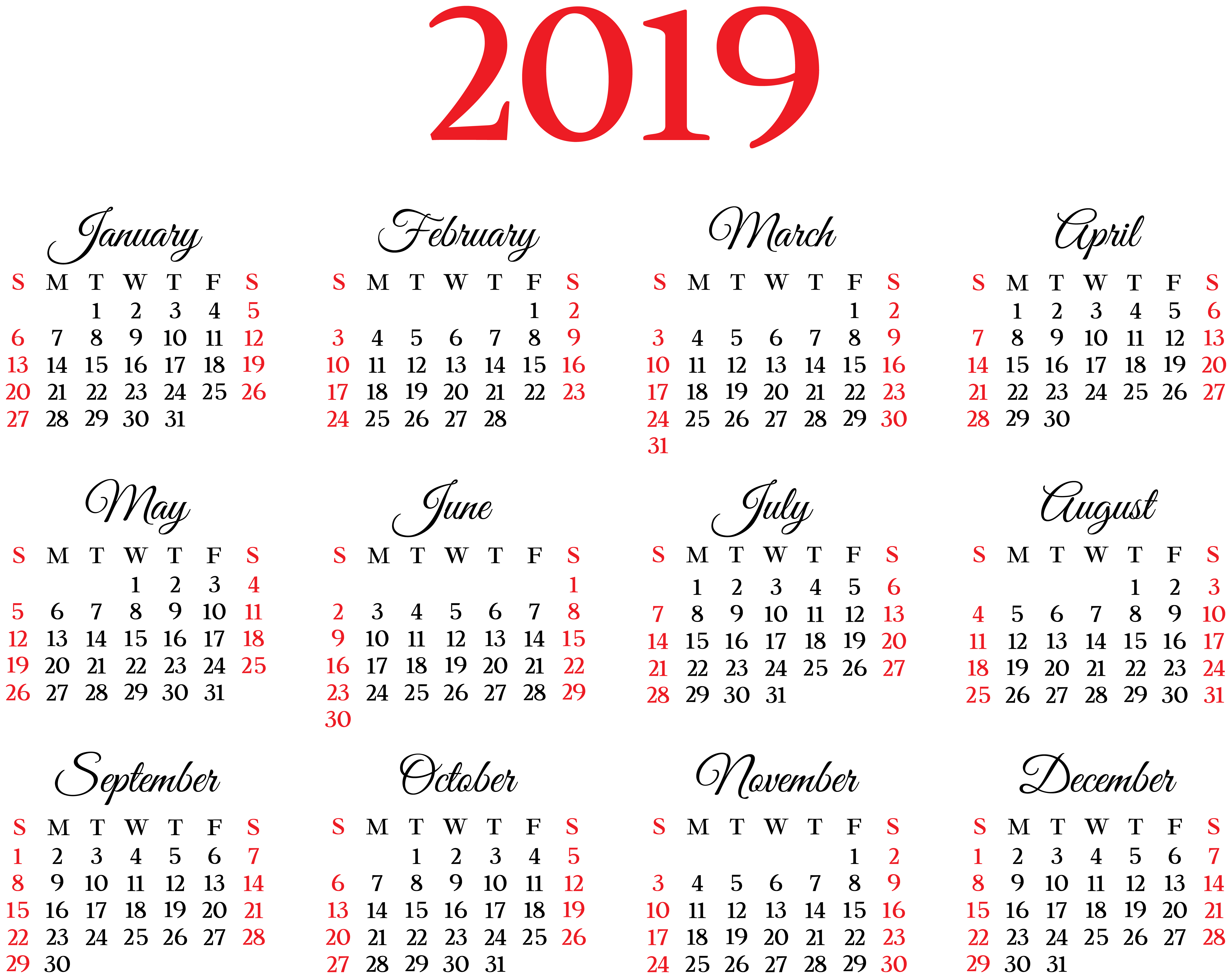 Calendar 2019 Year Month Numbers Transparent Background Black Red 8000x6352