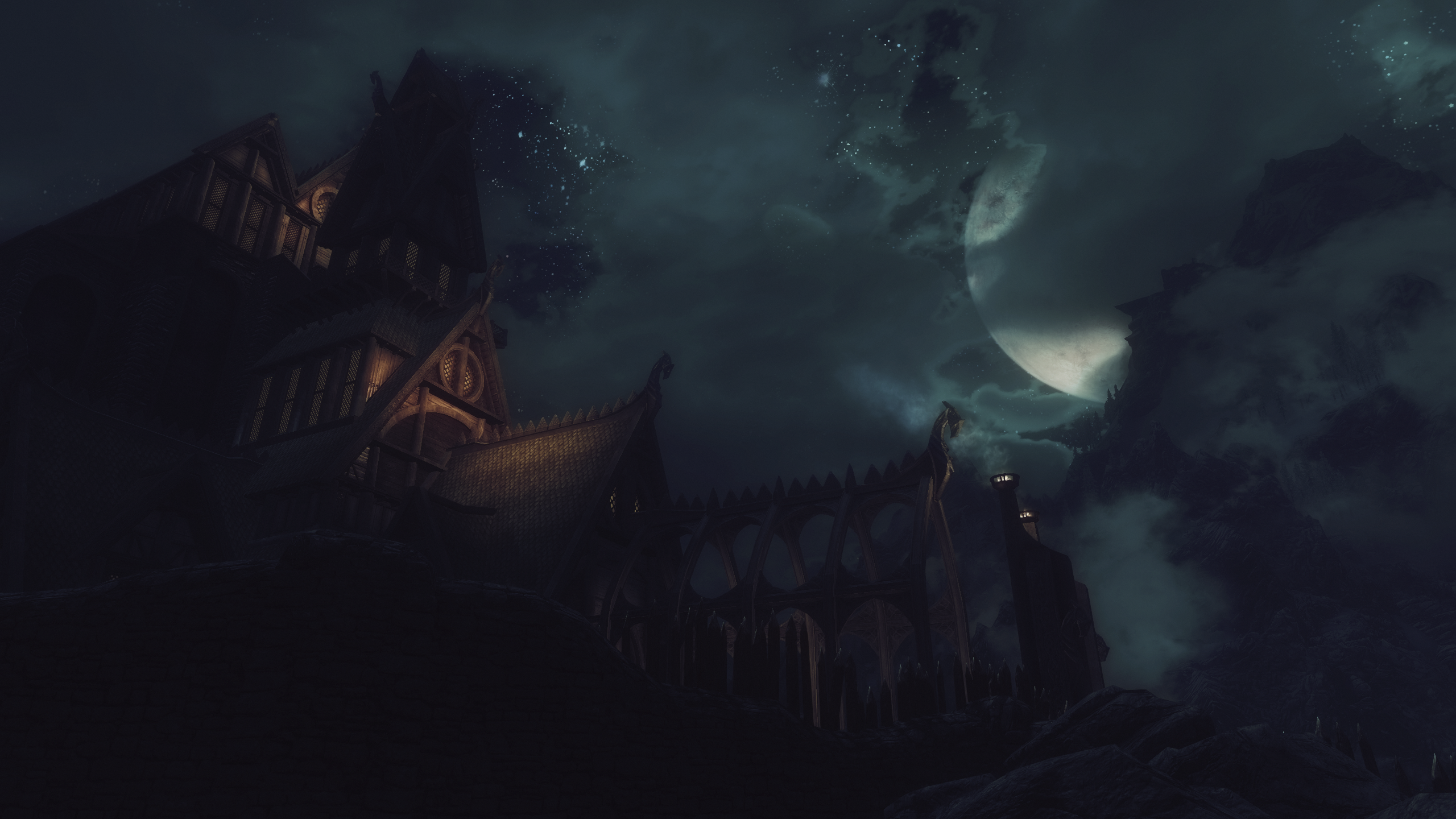 The Elder Scrolls V Skyrim Video Games Whiterun Night Sky Moon Clouds Dragonsreach 2560x1440