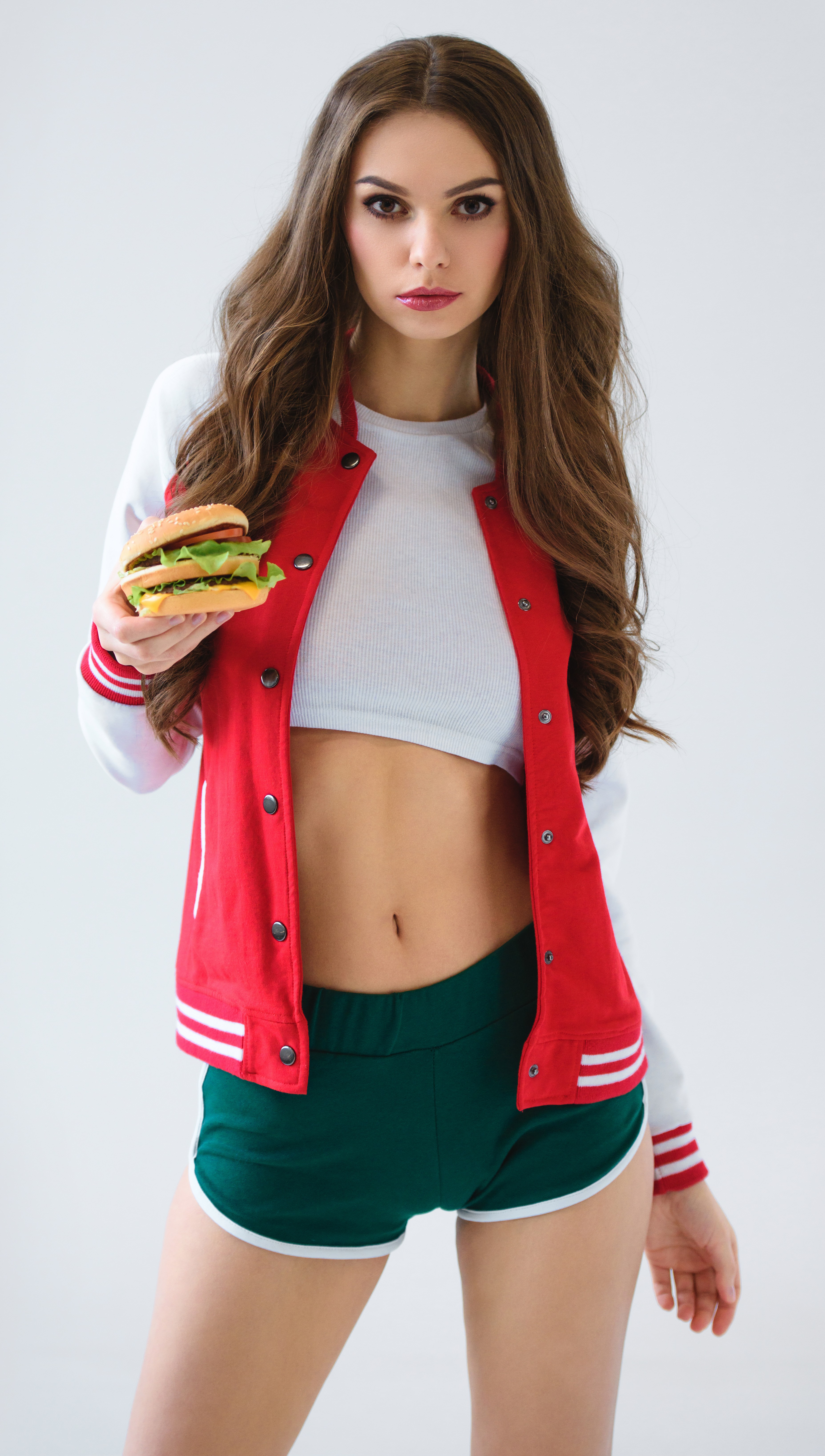 Brunette Jacket Burgers Short Tops White Tops Long Hair White Background Looking At Viewer Standing  3709x6540