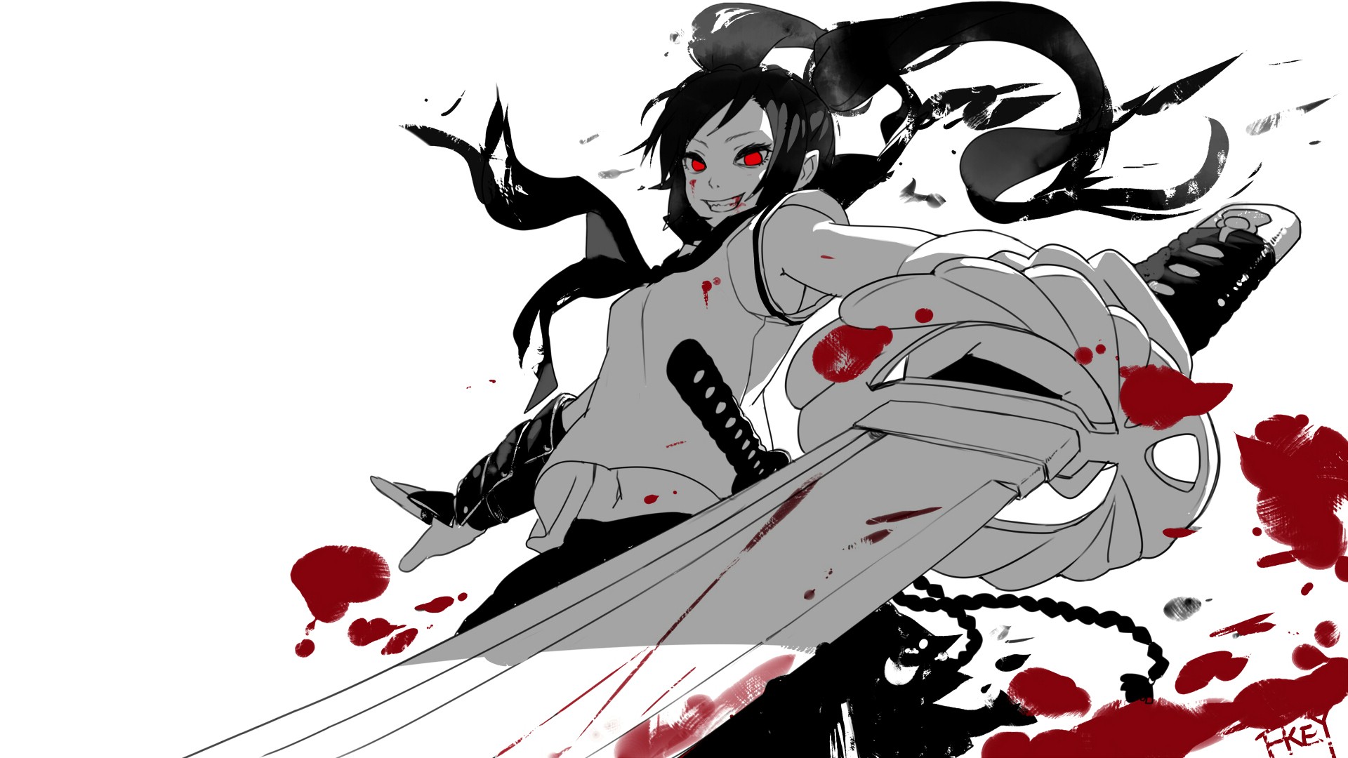FKEY Anime Girls Original Characters Simple Background White Background Red Eyes Long Hair Sword Kat 1920x1080