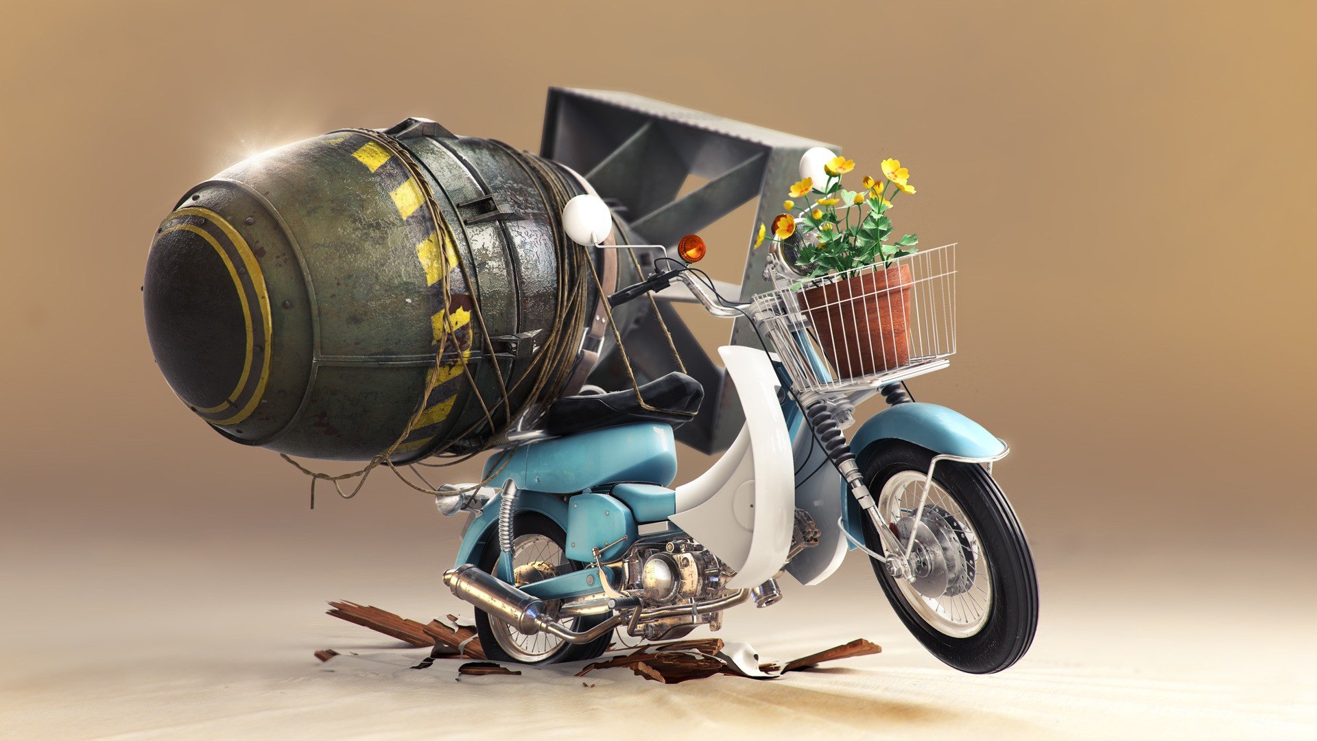 Digital Art Creativity Motorcycle Ropes Baskets Flowers Wood Heavy Nuclear 1920x1080