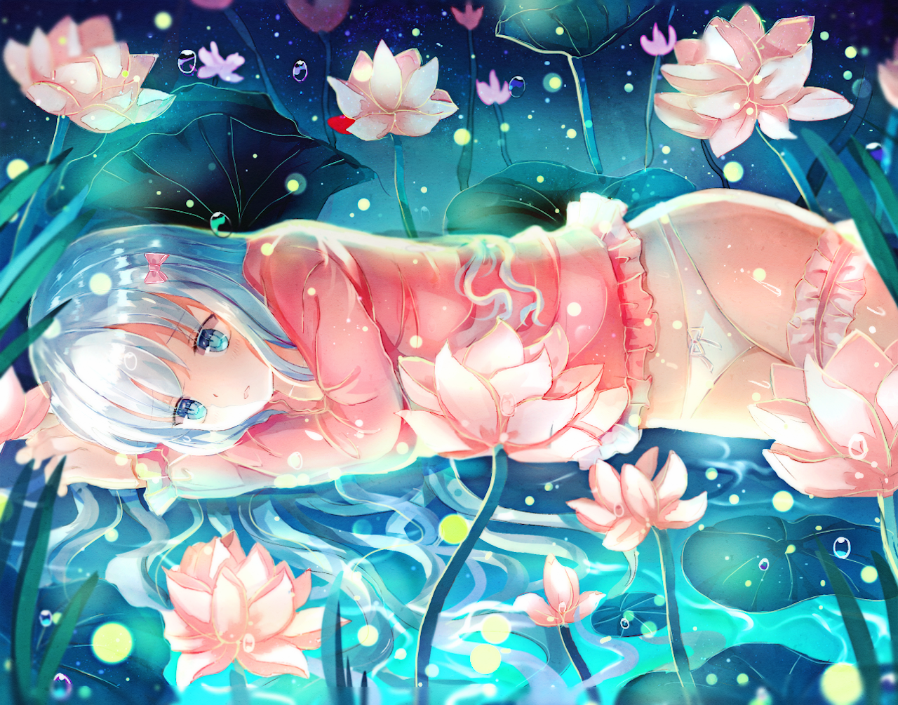 Blue Eyes Blue Hair Bubbles Eromanga Sensei Flowers Izumi Sagiri Leaves Water 1280x1005
