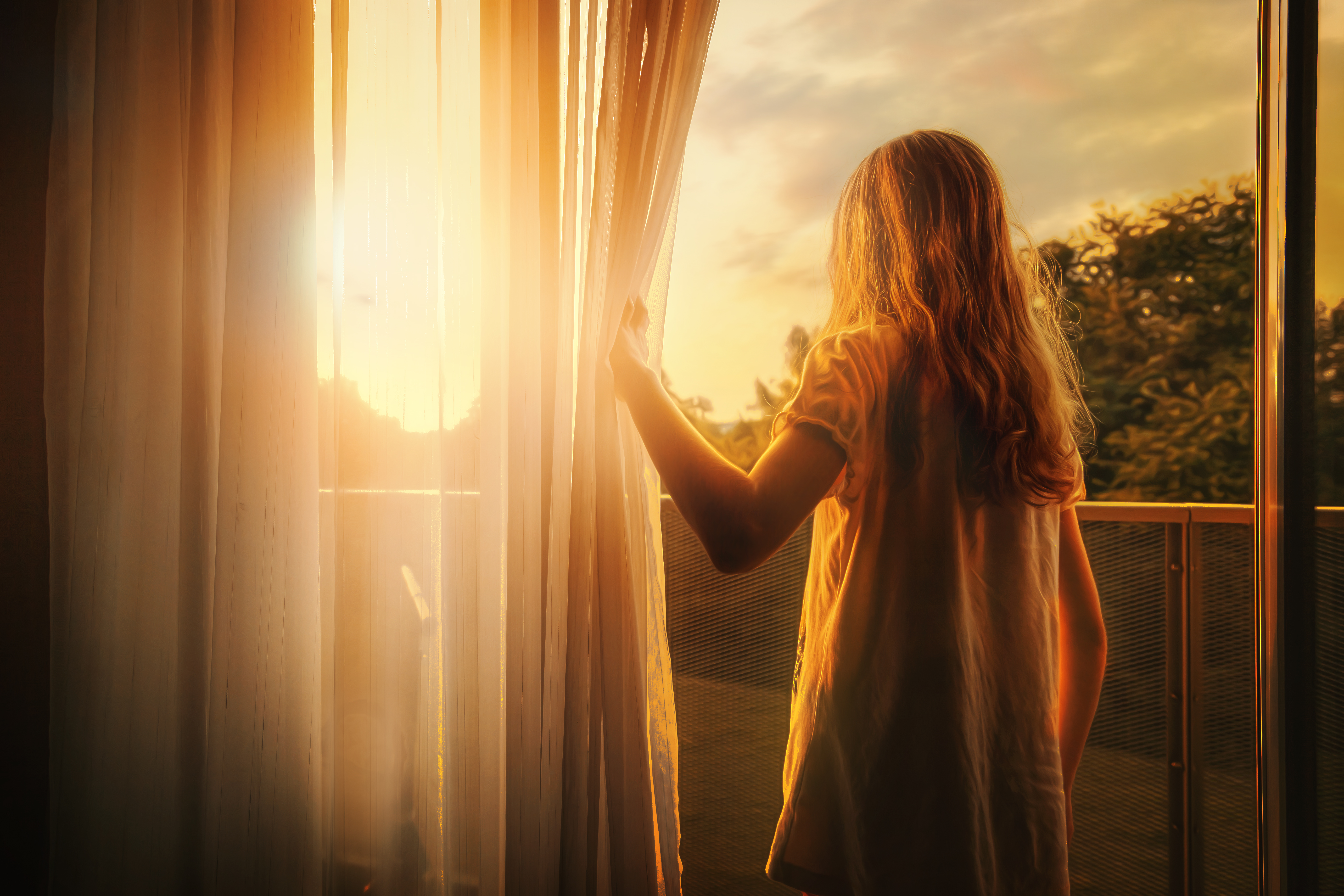 Dawn Sunrise Sun Blinds Girl Balcony 5616x3744