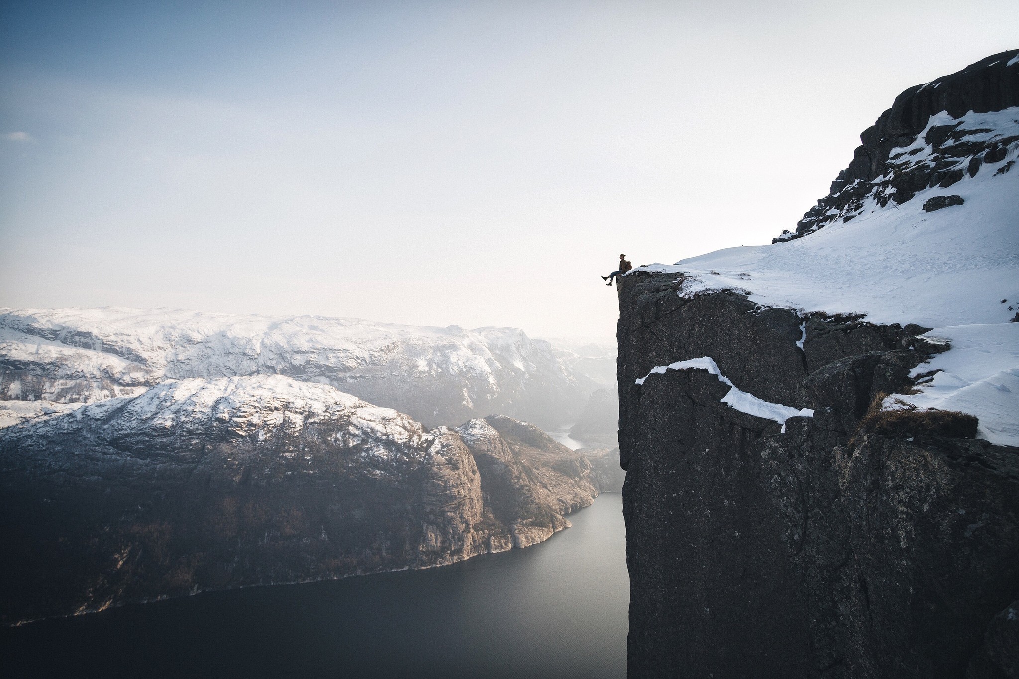 Sea Nature Road Snow Snow Flakes Heights Norway Preikestolen Cliff 2048x1365