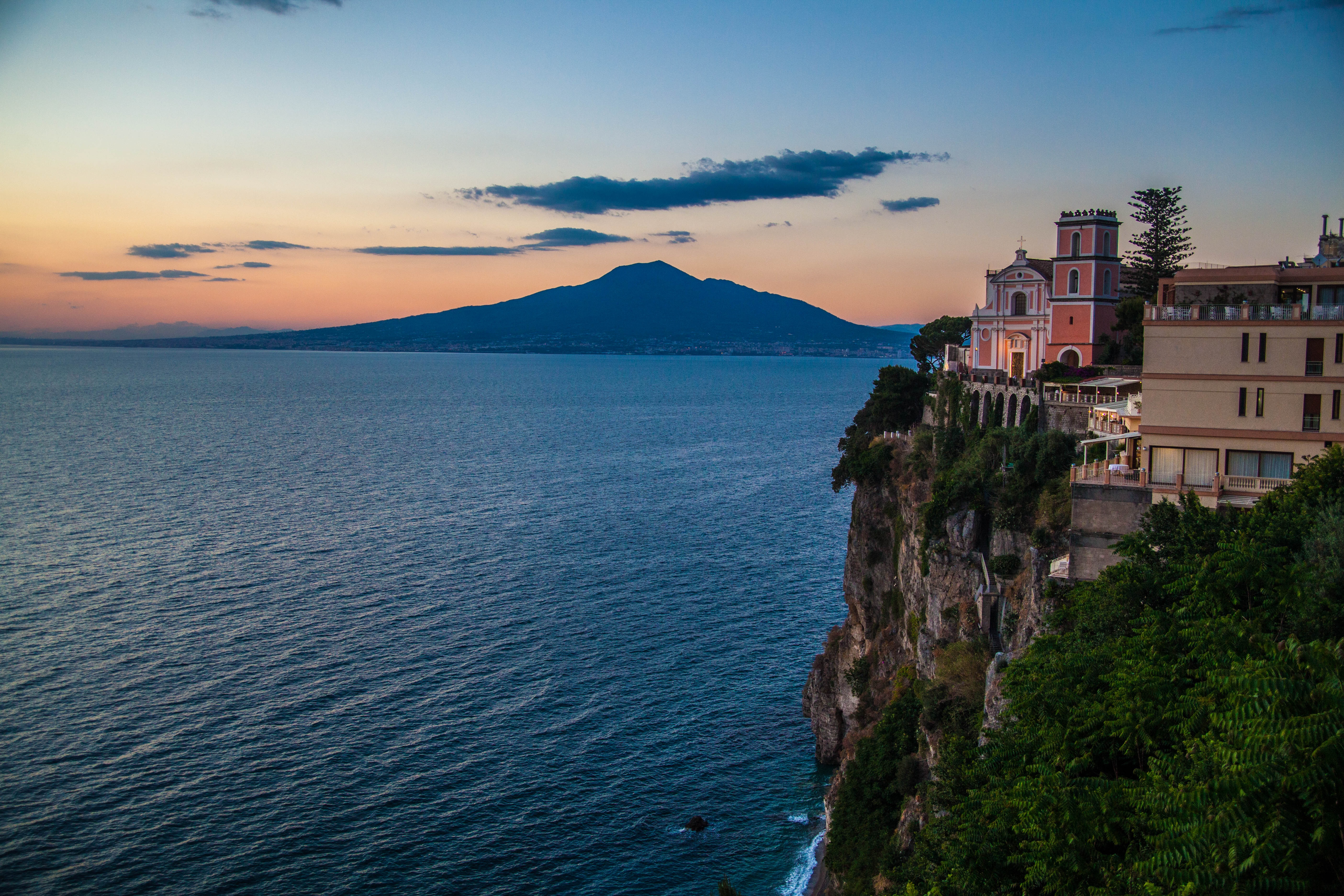 Campania Amalfi Landscape Italy Sea Mount Vesuvius Sunset Cliff Church 5616x3744