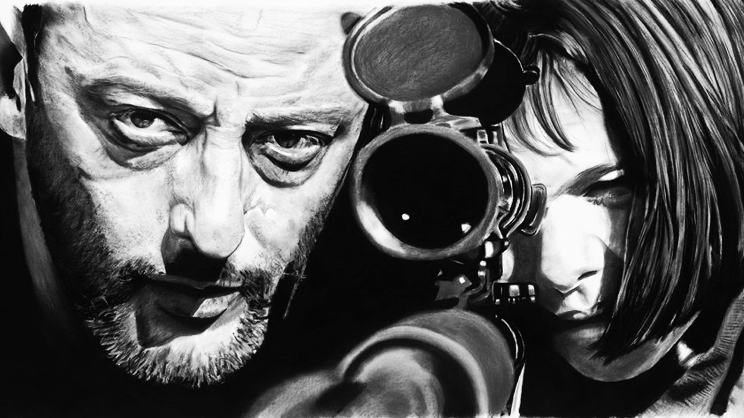 Leon The Professional Jean Reno Natalie Portman Snipers Artwork Monochrome 2560x1440