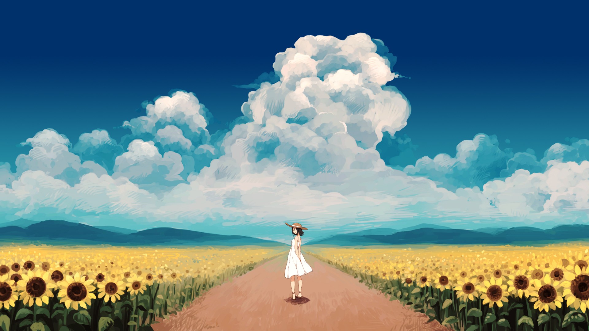 Anime Girls Dress Sunflowers Clouds Looking Back Osu 1920x1080