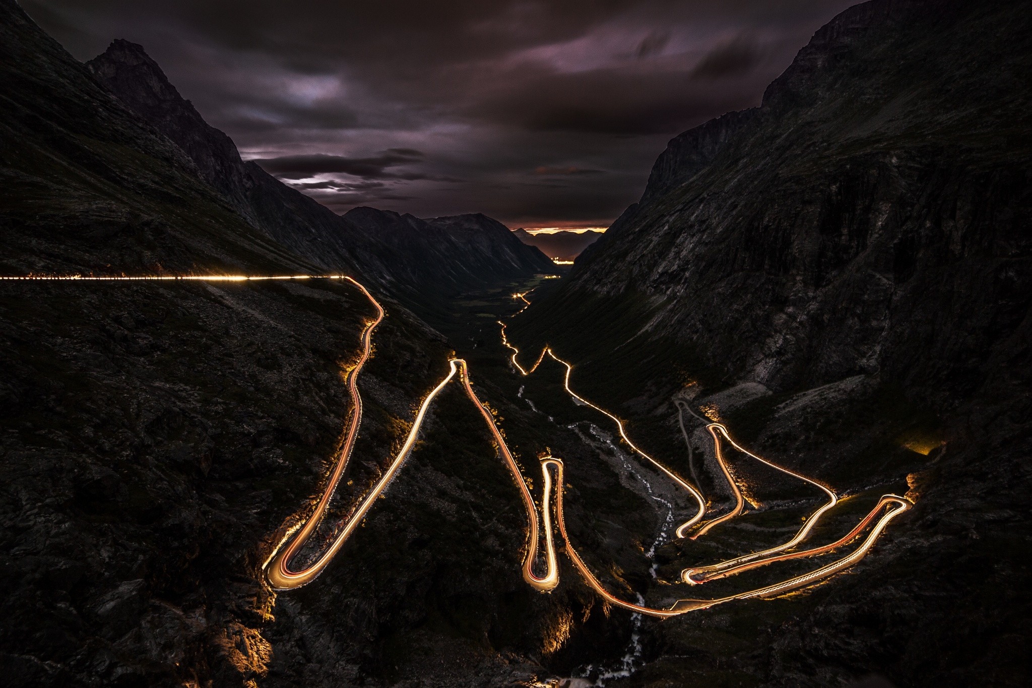 Road Night Lights Norway Mountains Landscape Long Exposure Hairpin Turns 2048x1365