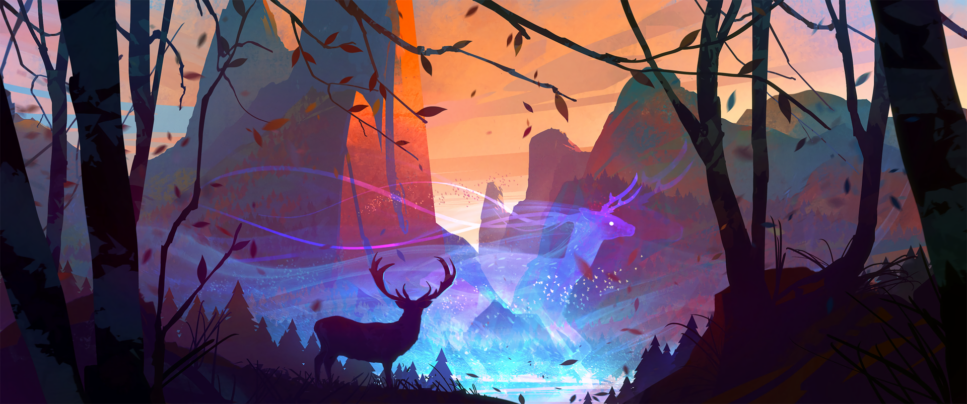 Digital Art Artwork Illustration Forest Trees Deer Animals Rocks Mountains Bastien Grivet Sky Ultraw 1920x803