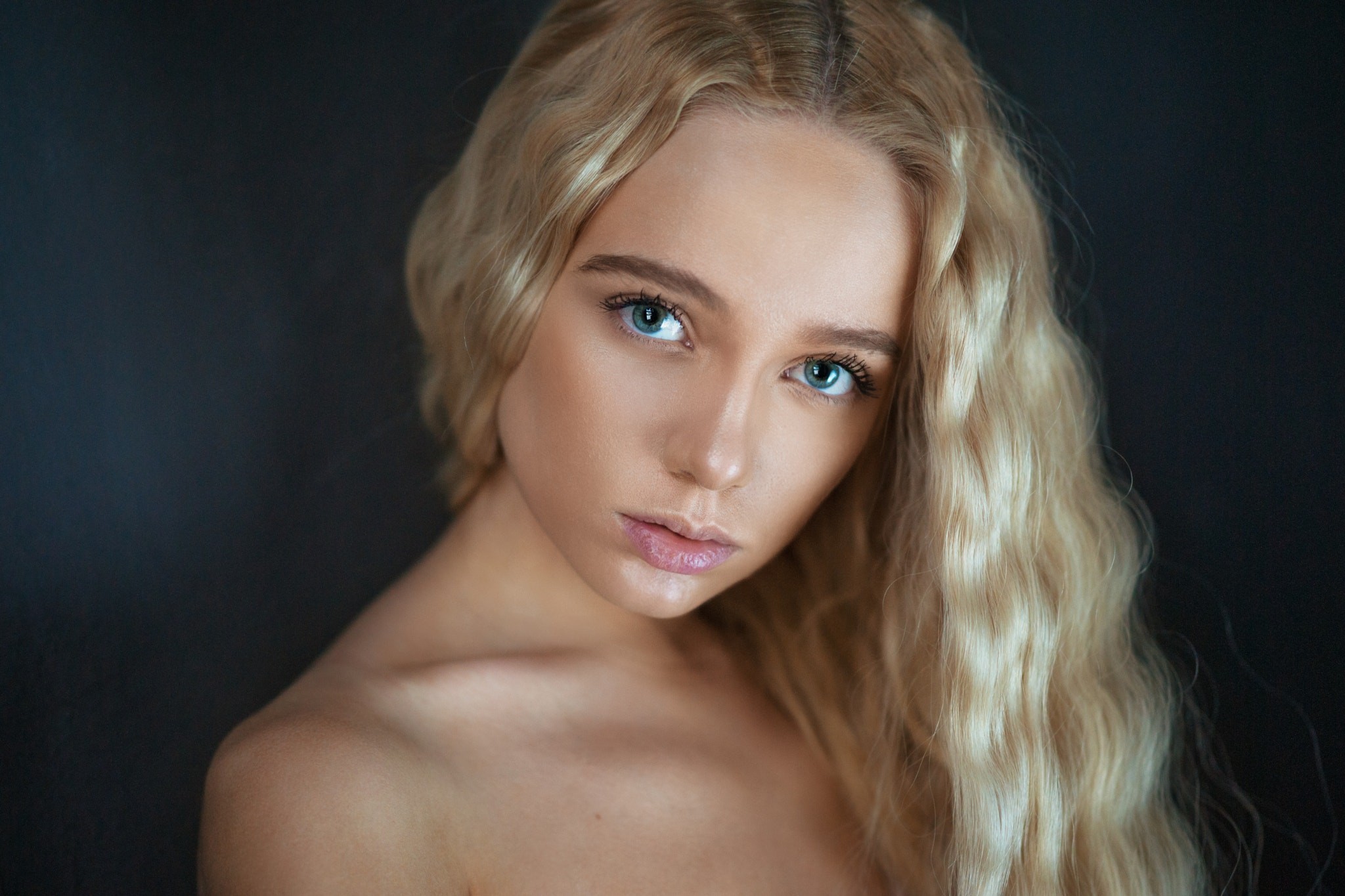 Women Maxim Maximov Blonde Blue Eyes Simple Background Face Portrait Maria Popova 2048x1365