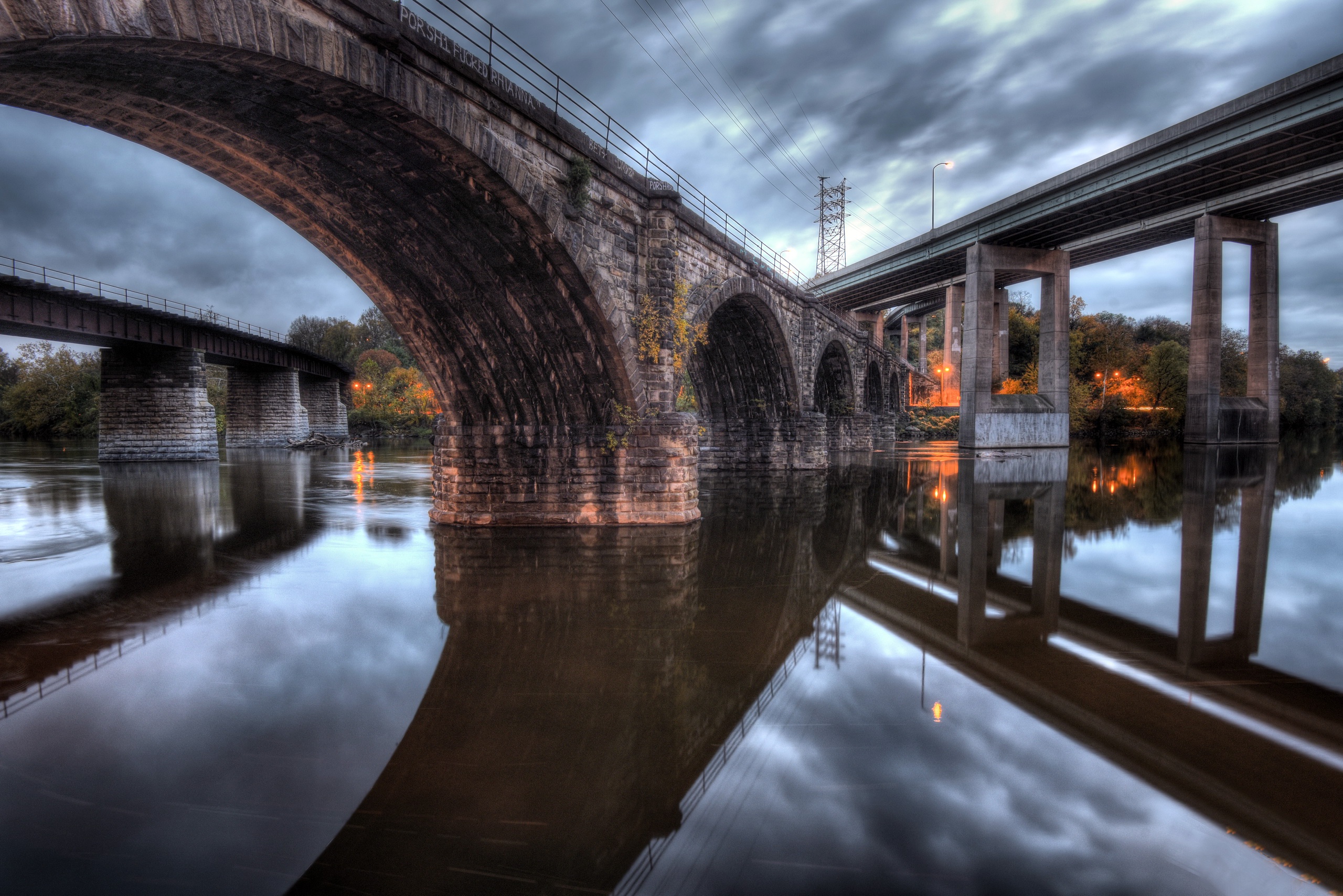 Bridge USA Pennsylvania Construction River Reflection HDR Long Exposure Clouds 2560x1709