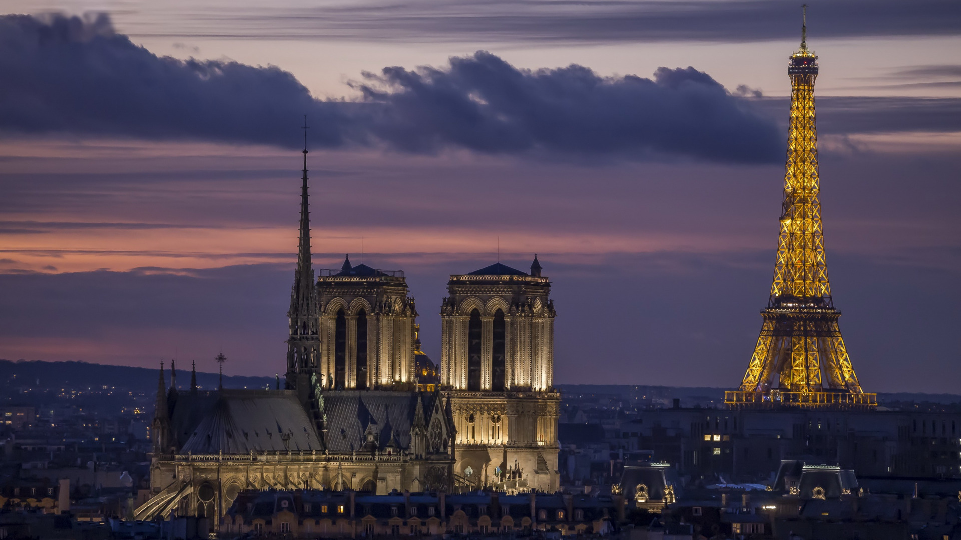 Architecture Building House Paris Eiffel Tower Clouds Evening Sunset Notre Dame Cathedral Capital Fr 1920x1080