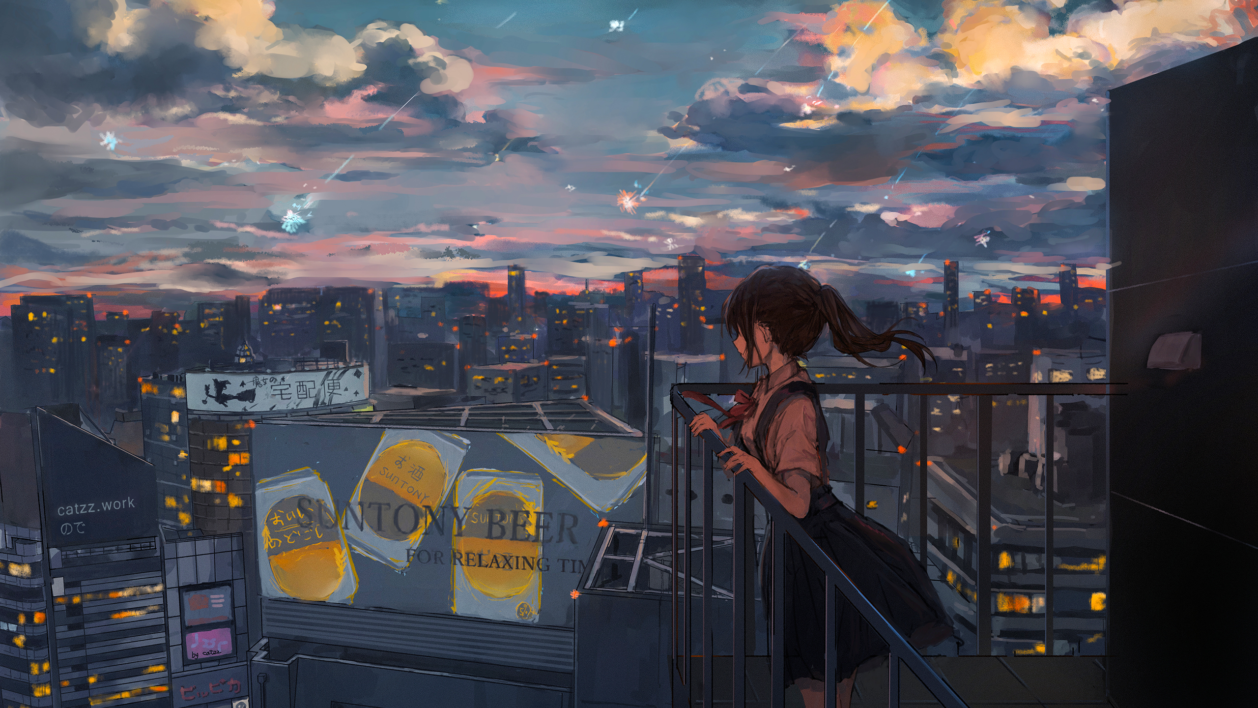 Anime Anime Girls Catzz Cityscape Meteors Billboards 2560x1440