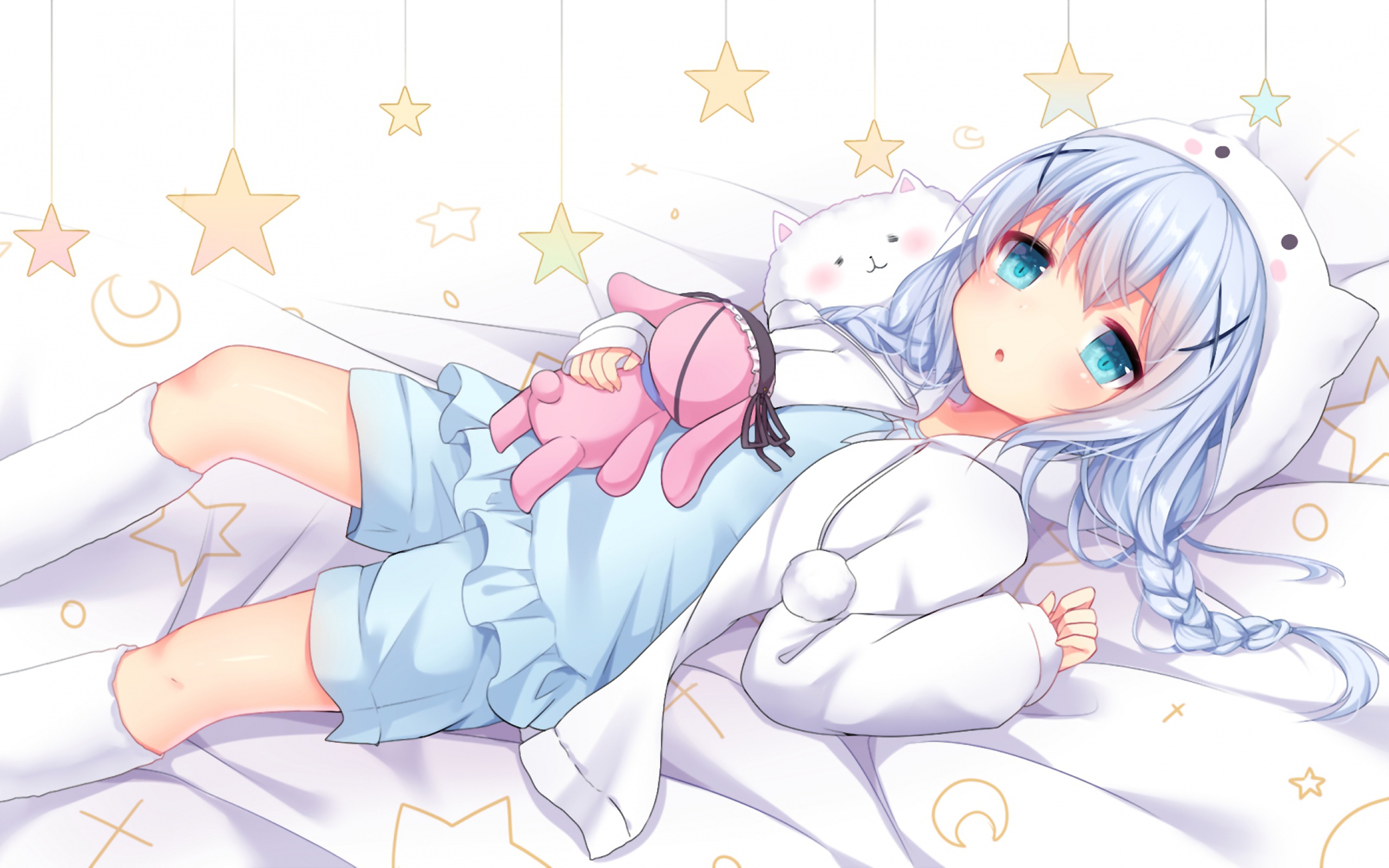 Anime Girls Lying Down Bed Stars Teddy Bears Pyjamas Kafuu Chino 2560x1600