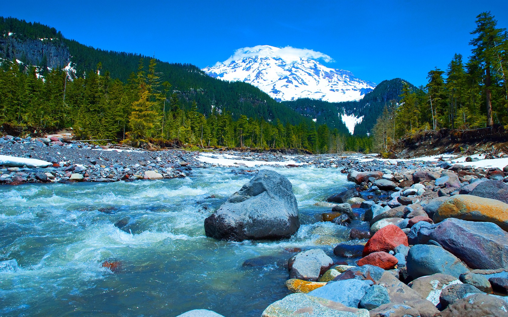 River Stones Mountains Mount Rainier National Park Washington State USA 1680x1050