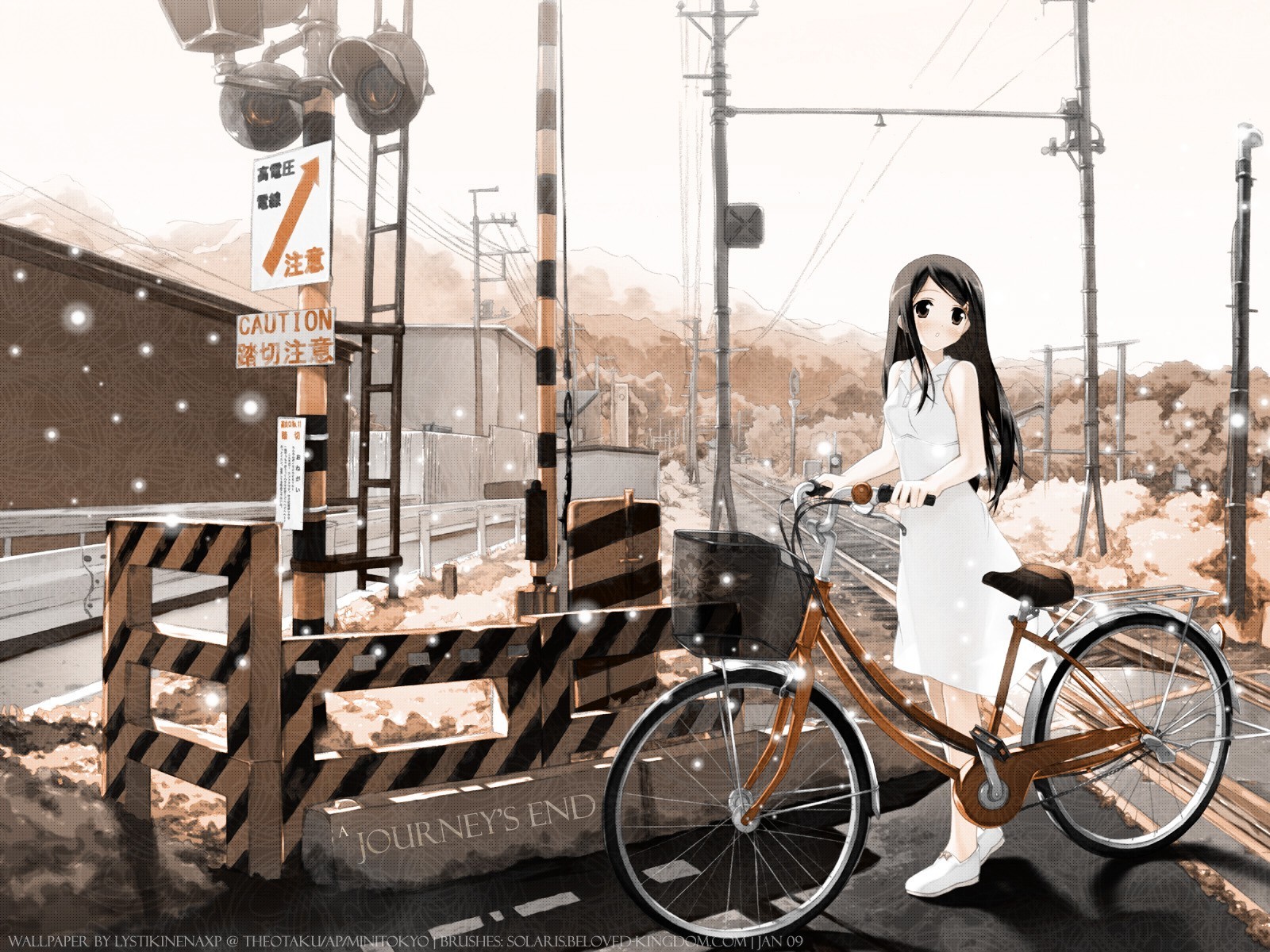 Railway Crossing Anime Girls White Dress Long Hair Dark Hair 1600x1200