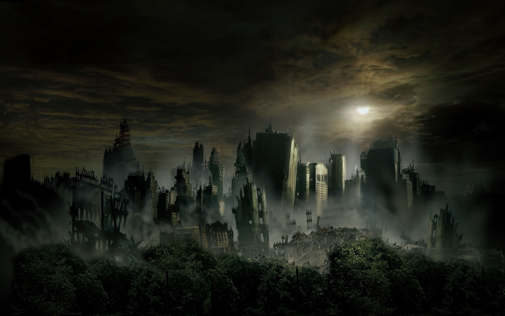 Urban Decay Apocalyptic Overgrown Overcast Digital Art 1680x1050