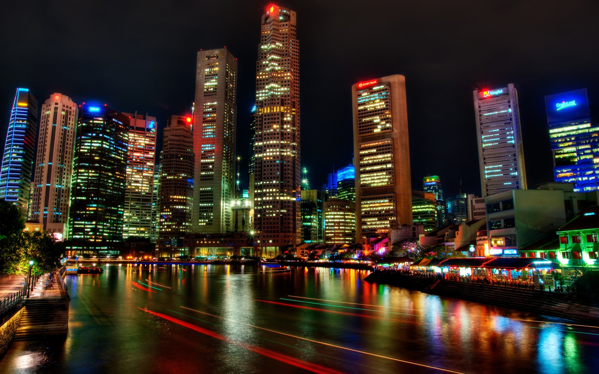 Singapore Night View Skyscraper Light Trails City Lights City 1920x1200
