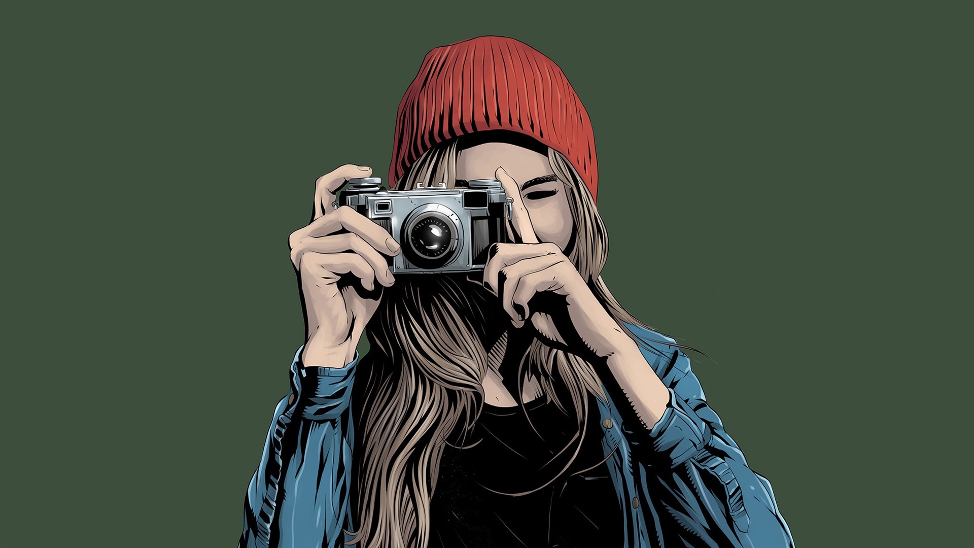 Women Camera Photographer Artwork Simple Background Hat 1920x1080