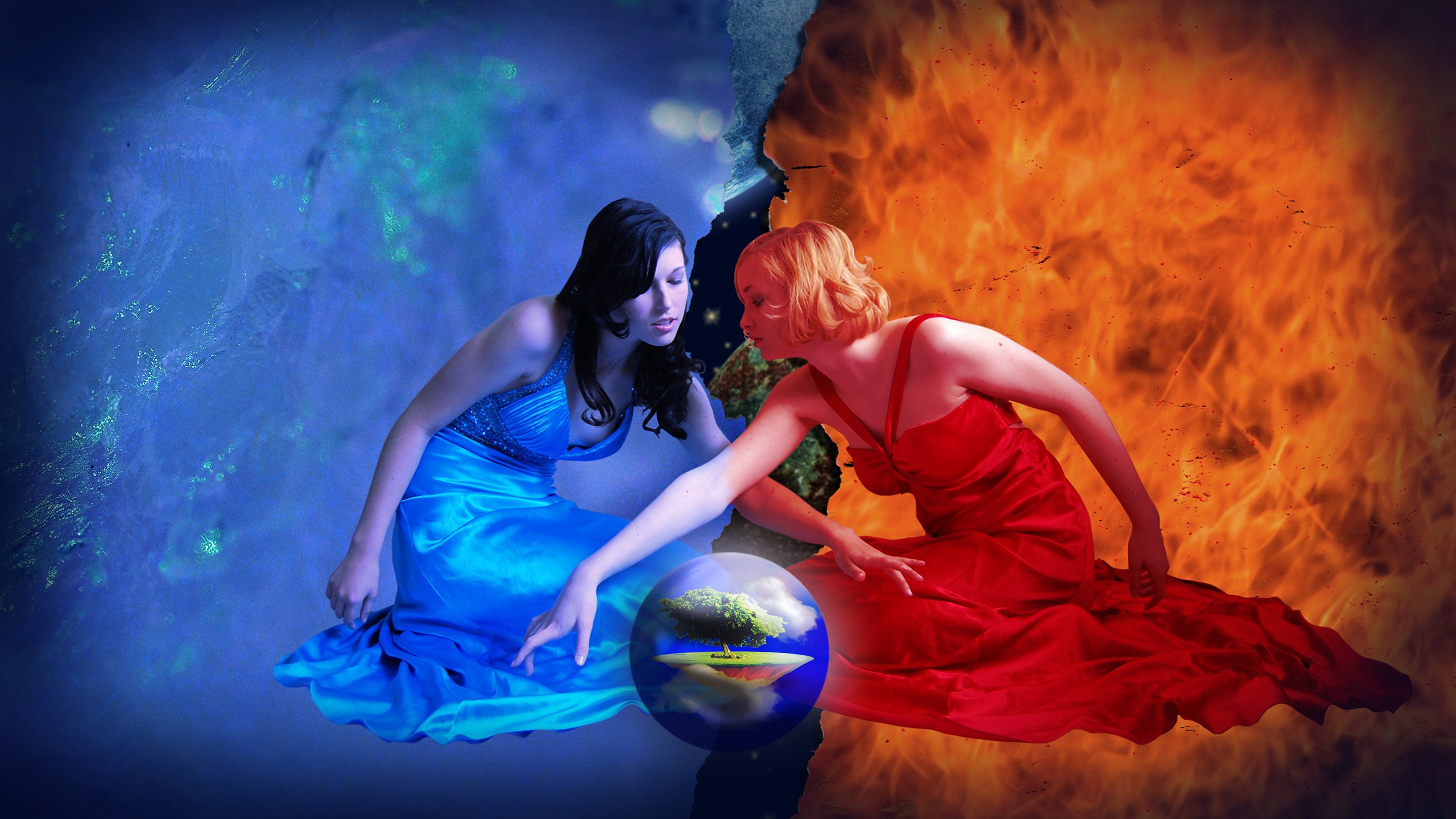 Women Witch Water Fire Elements Sphere World Digital Art 2560x1440