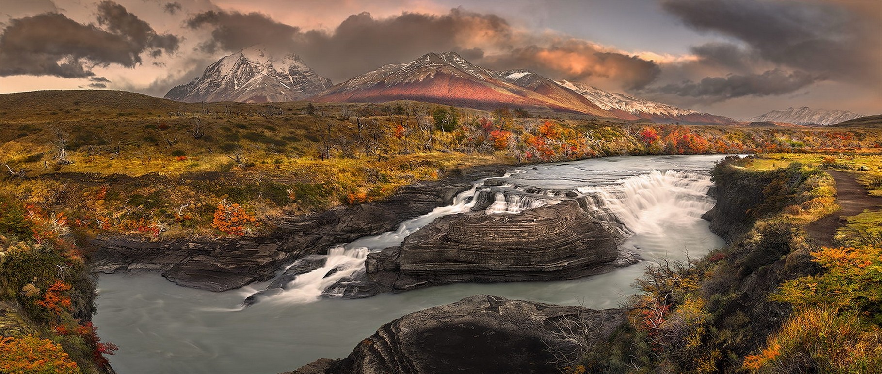 Landscape Nature Panoramas River Rapids Grass Shrubs Mountains Clouds Fall Snowy Peak Patagonia Chil 1819x772
