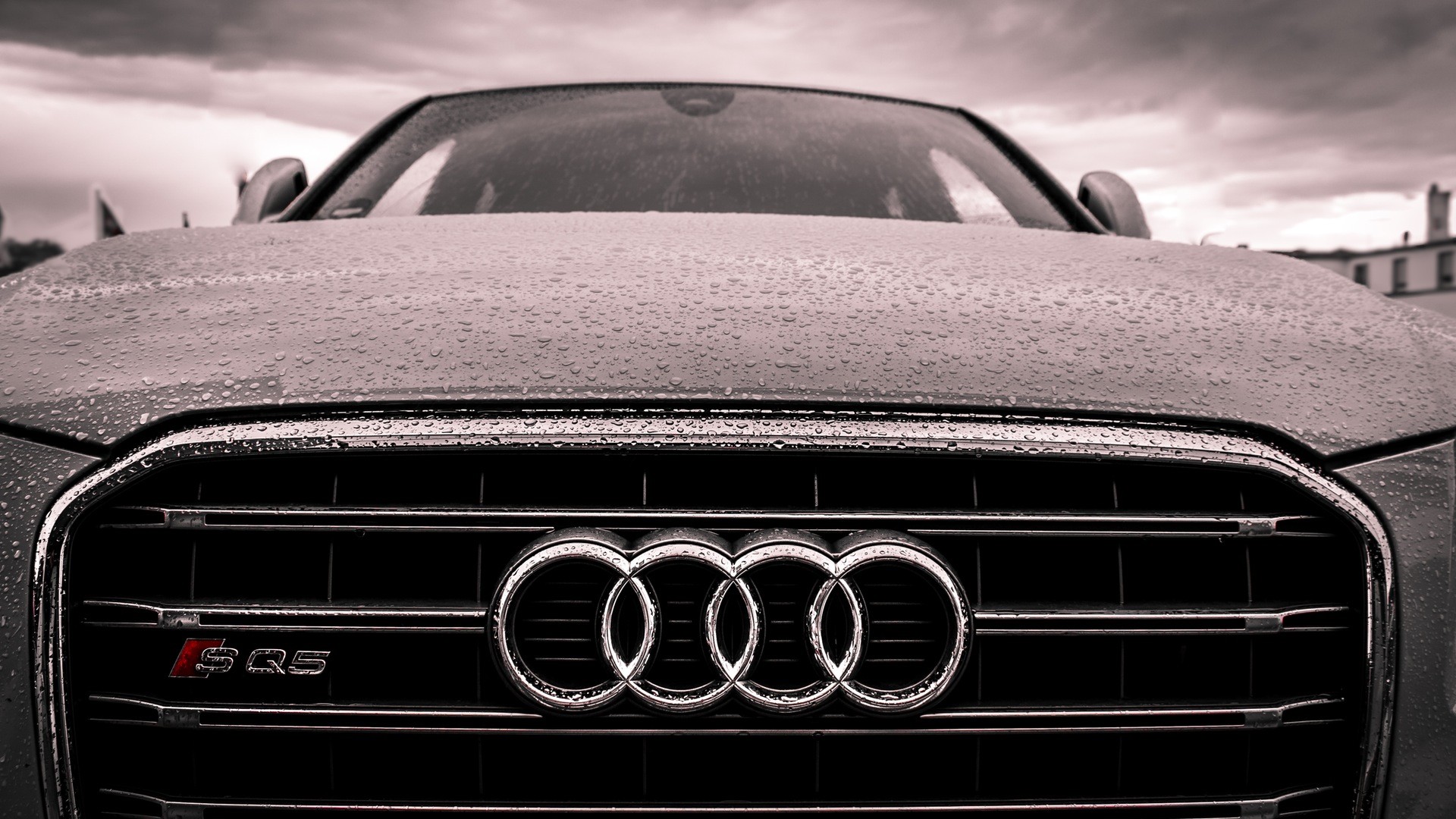 Vehicle Car Audi Water Drops Clouds Rain Audi SQ5 Brand Logo Closeup Frontal View Audi Q5 1920x1080