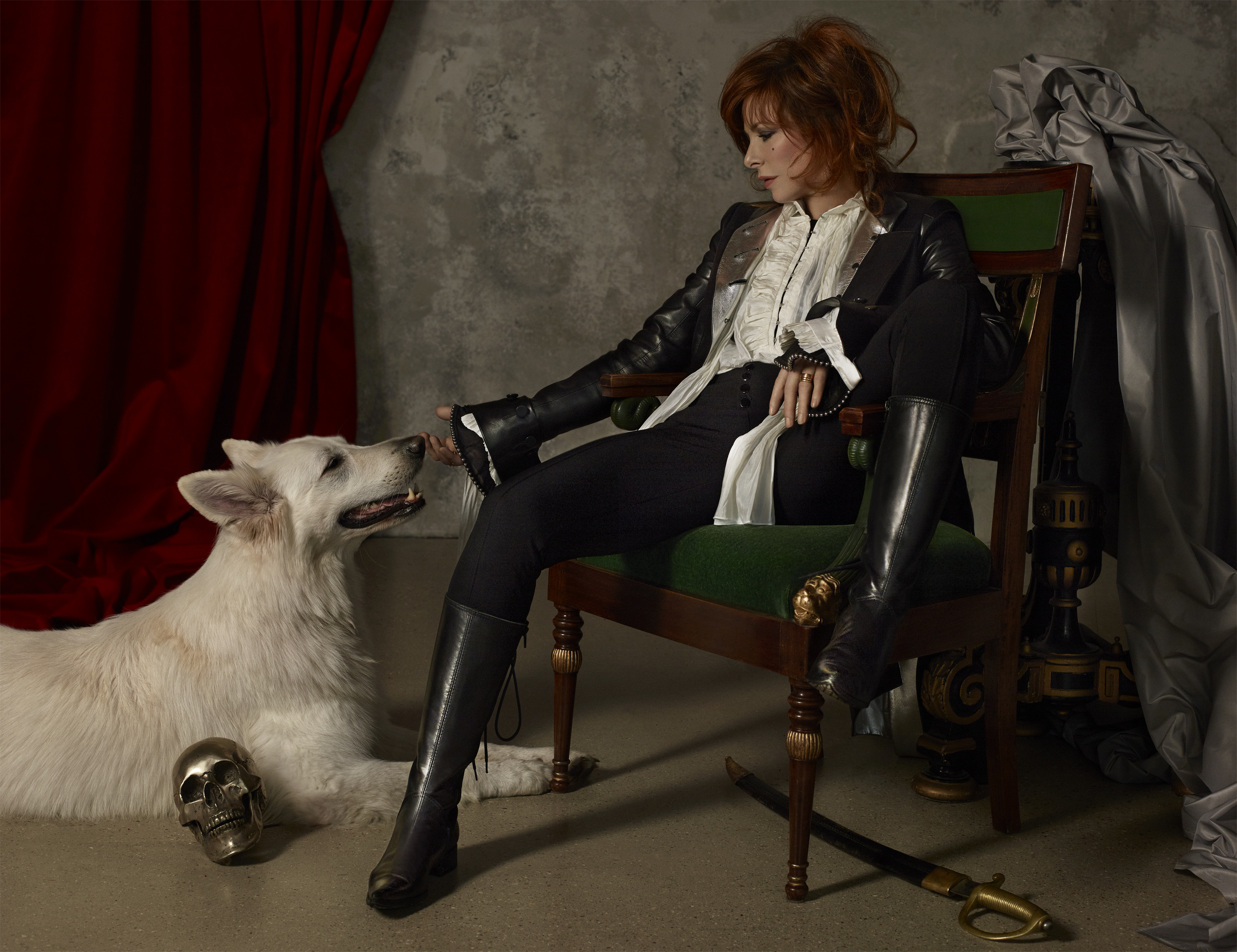 Mylene Farmer French Singer Redhead Wolf Skull Sabre Boots Leather Clothing Satin 4000x3077