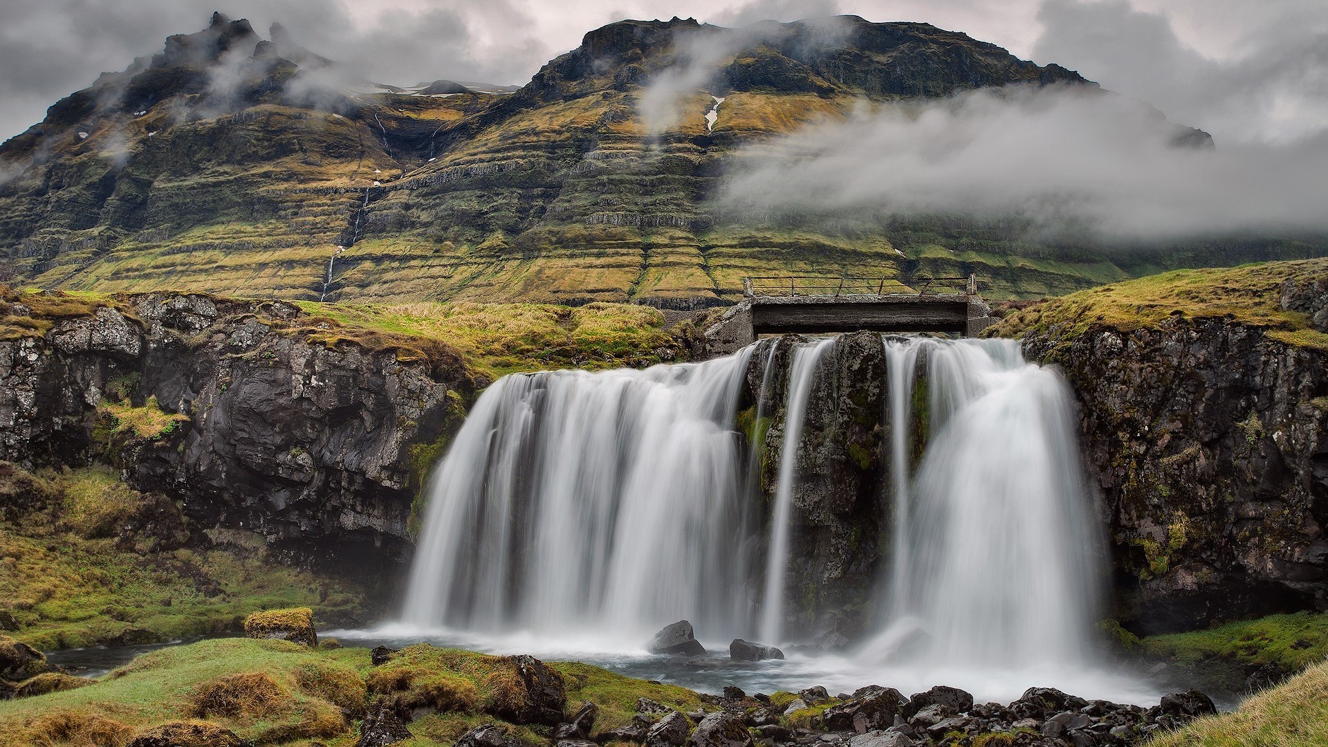 Nature Landscape Water Waterfall Long Exposure Rock Iceland Mountains Mist Bridge Faroe Islands Moss 1920x1080
