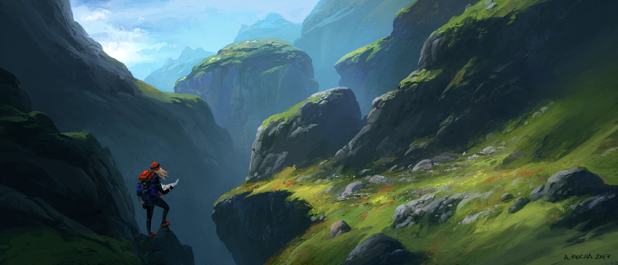 Landscape Artwork Digital Art Cliff Mountains Andreas Rocha Alone Standing 2000x857