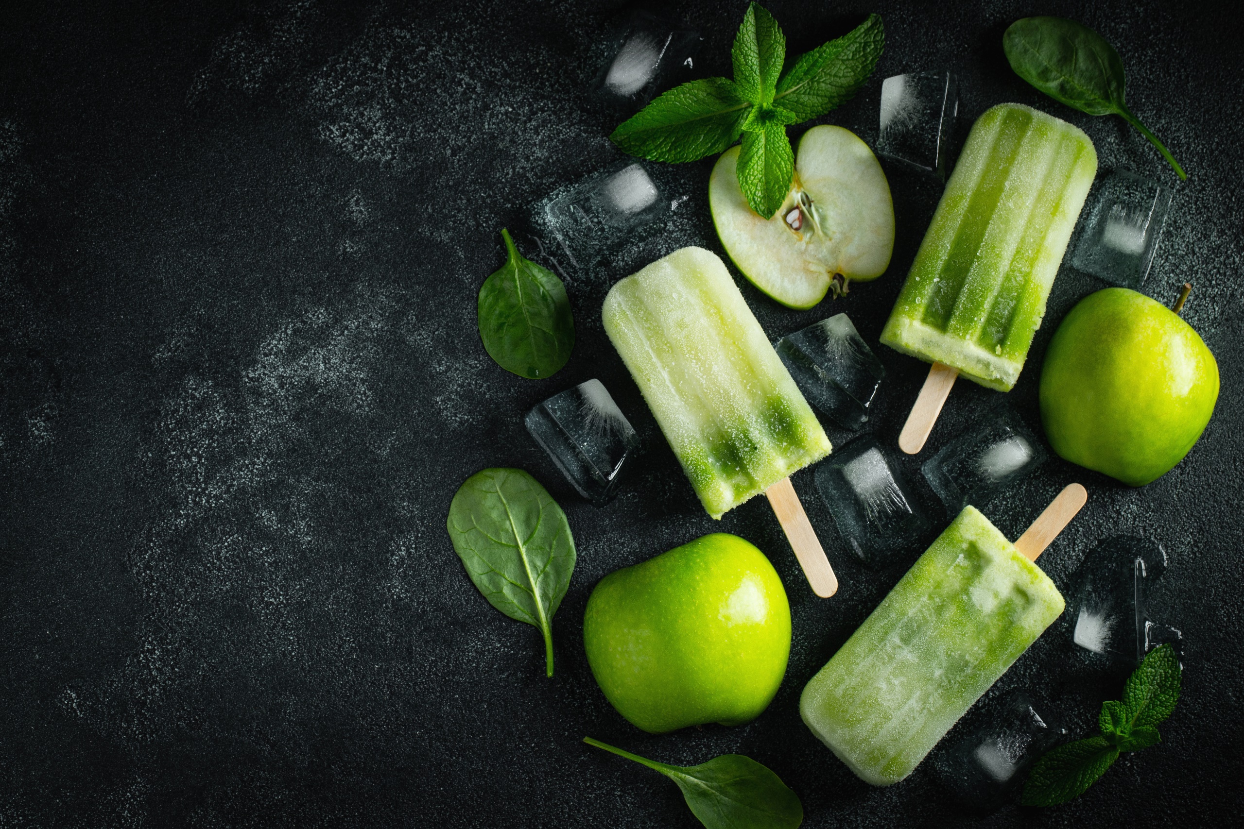 Popsicle Food Fruit Apples Ice Ice Cubes Mint Leaves Basil Green Spinach Top View Black Background 2560x1707