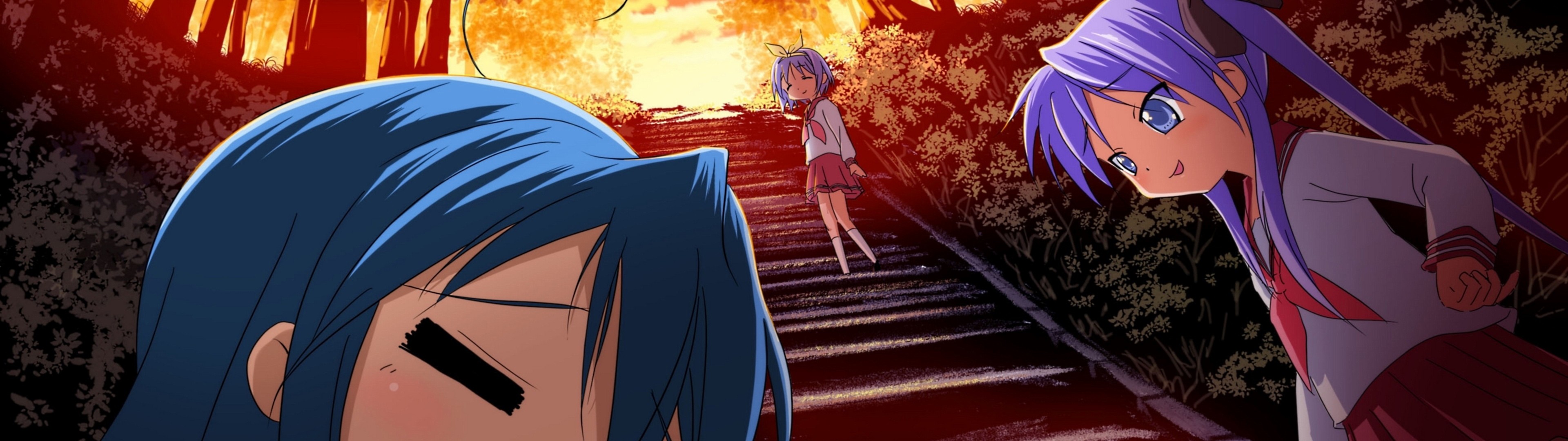 Dual Monitors Lucky Star Anime Girls Anime Stairs Purple Hair 3840x1080