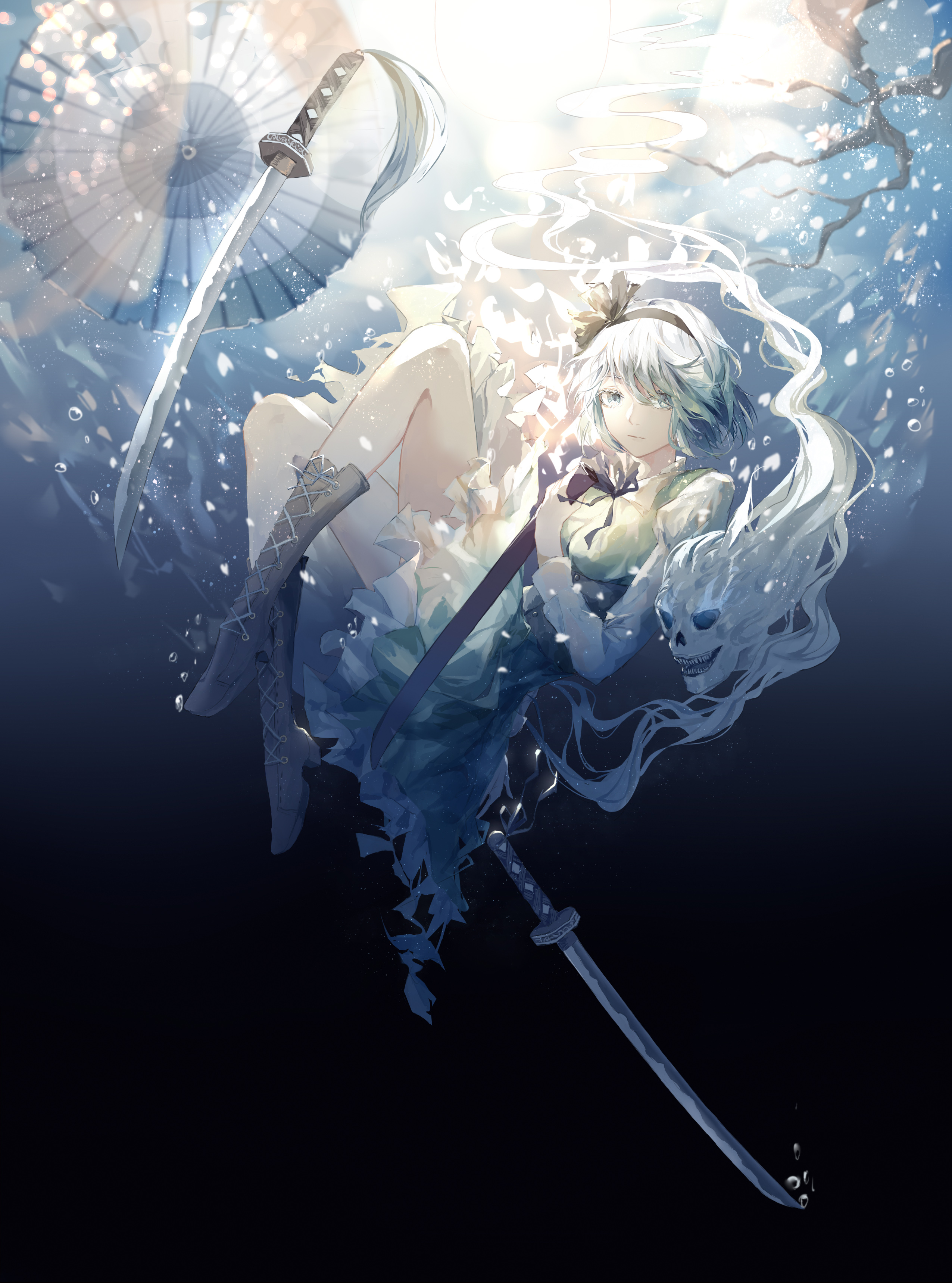Anime Anime Girls Short Hair White Hair Blue Eyes Sword Water Underwater Touhou Konpaku Youmu Vertic 2551x3437
