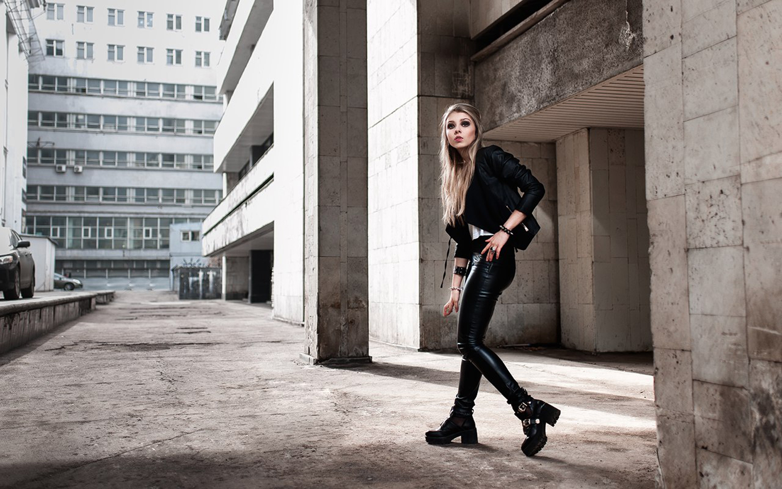 Alice Tarasenko Women Model Outdoors Nikita Osipov Leather Jackets Jacket Black Jackets Leather Pant 1600x1000