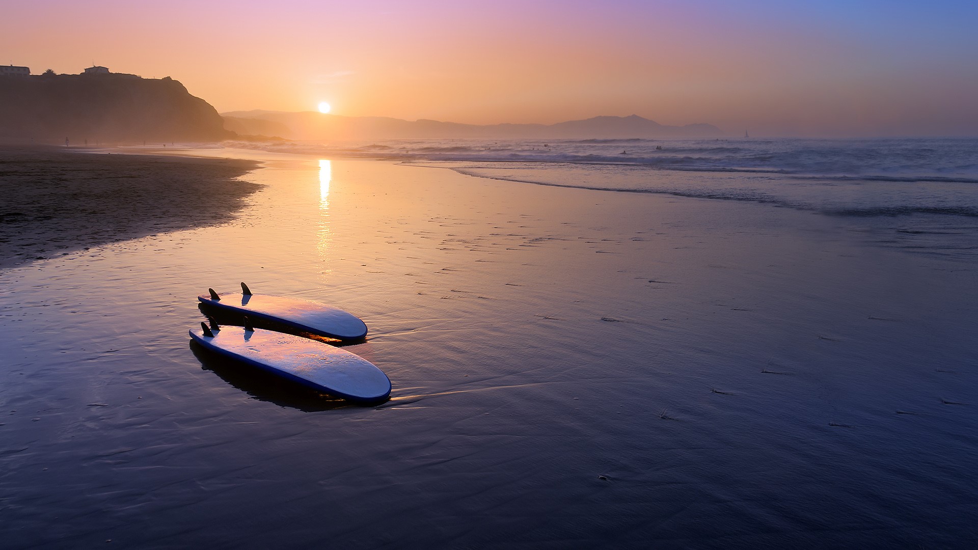 Nature Landscape Sun Sunset Surfboards Reflection Mountains House Mist Water Waves Spain 1920x1080