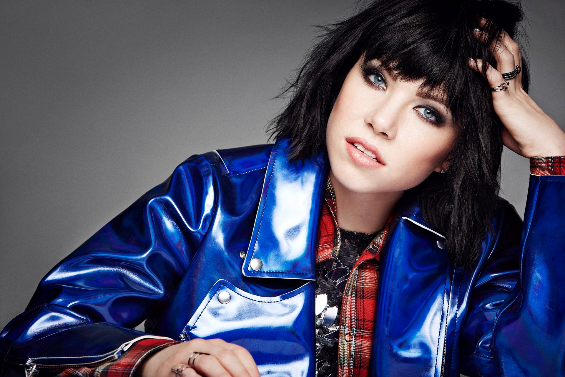 Carly Rae Jepsen Singer Brunette Blue Eyes Women Simple Background Jacket Shoulder Length Hair Blue  1920x1280