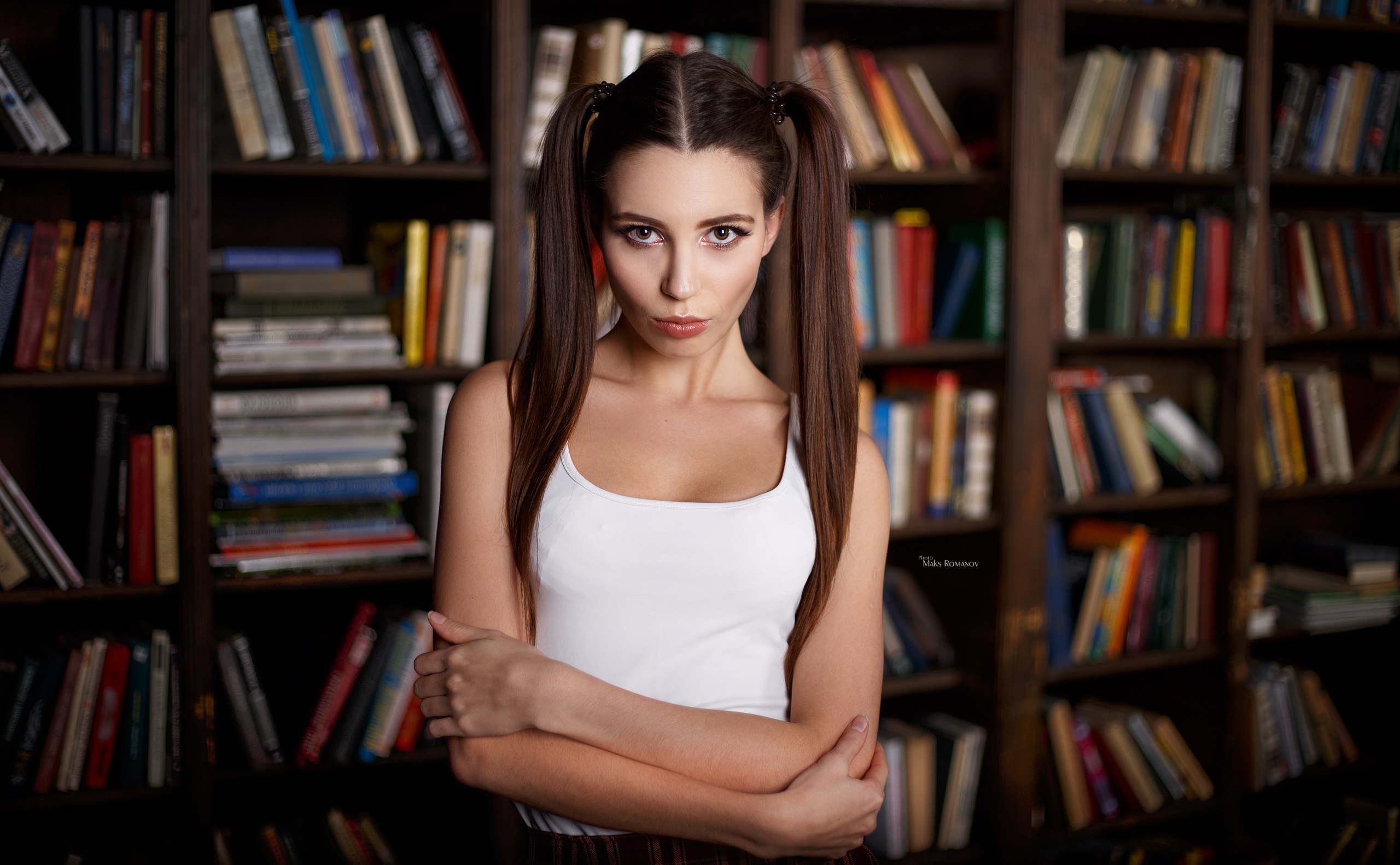 Women Maksim Romanov Portrait Arms Crossed Pigtails Books Looking At Viewer White Tops Brown Eyes Wo 2560x1581